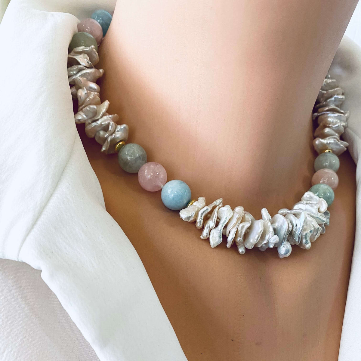 Aquamarine Morganite Necklace – gold choker side angle on mannequin
