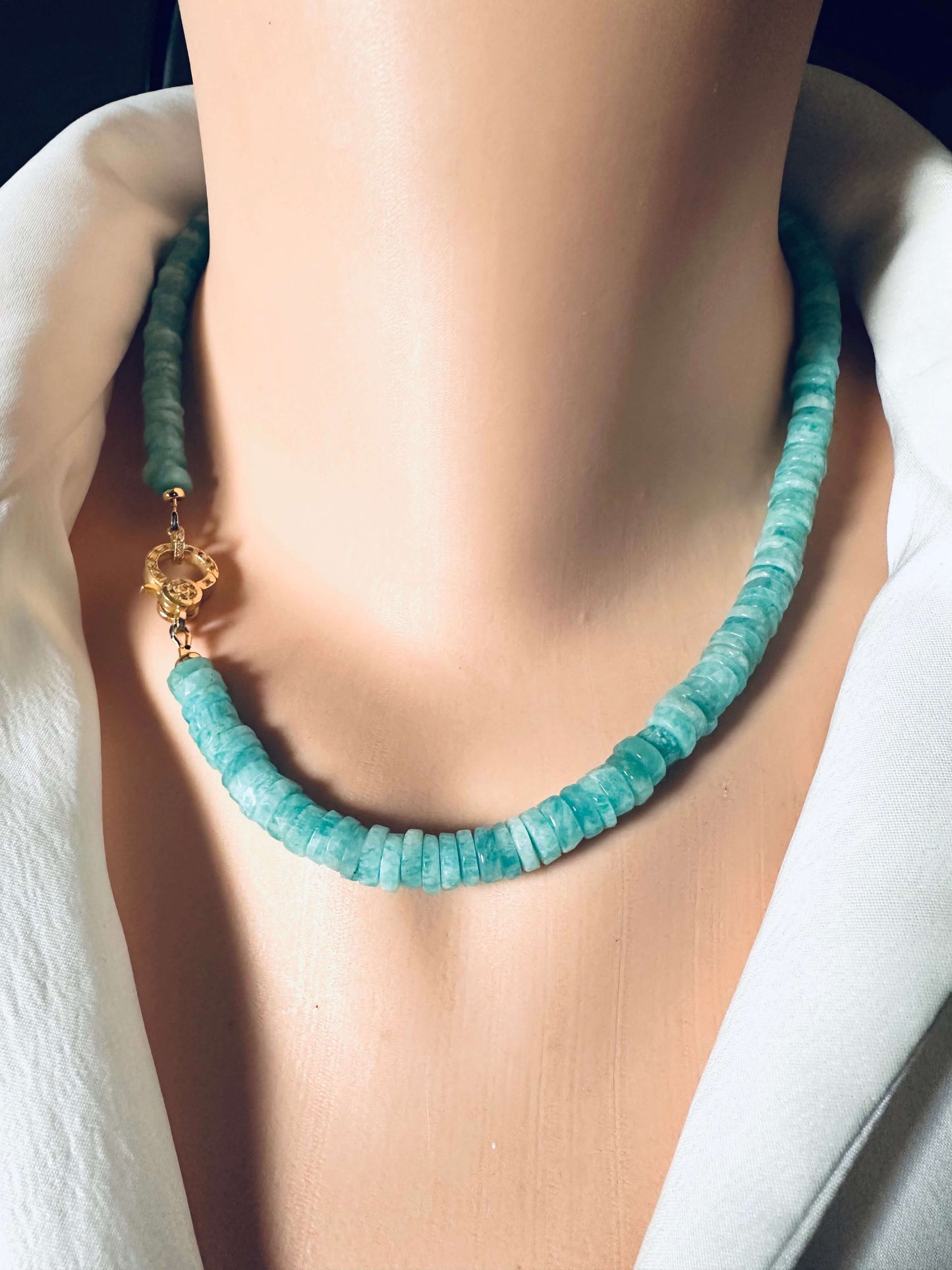Blue Amazonite Gemstone Necklace with Diamond Pavé Gold Vermeil Clasp showcasing stunning ocean-blue tones.