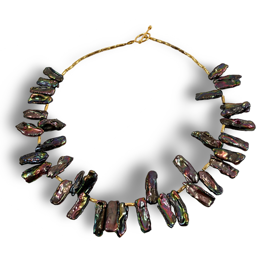 Black Pearl Choker Necklace – Peacock Biwa Stick Pearls 14 inch long