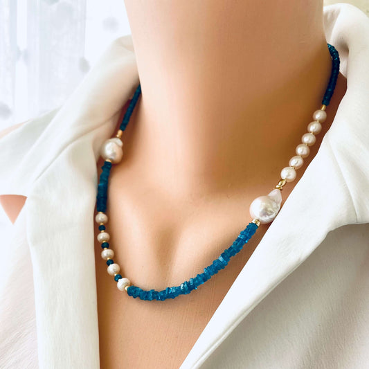 Blue Apatite Baroque Pearl Necklace | Asymmetric 14K Gold Filled worn by model showcasing unique design.