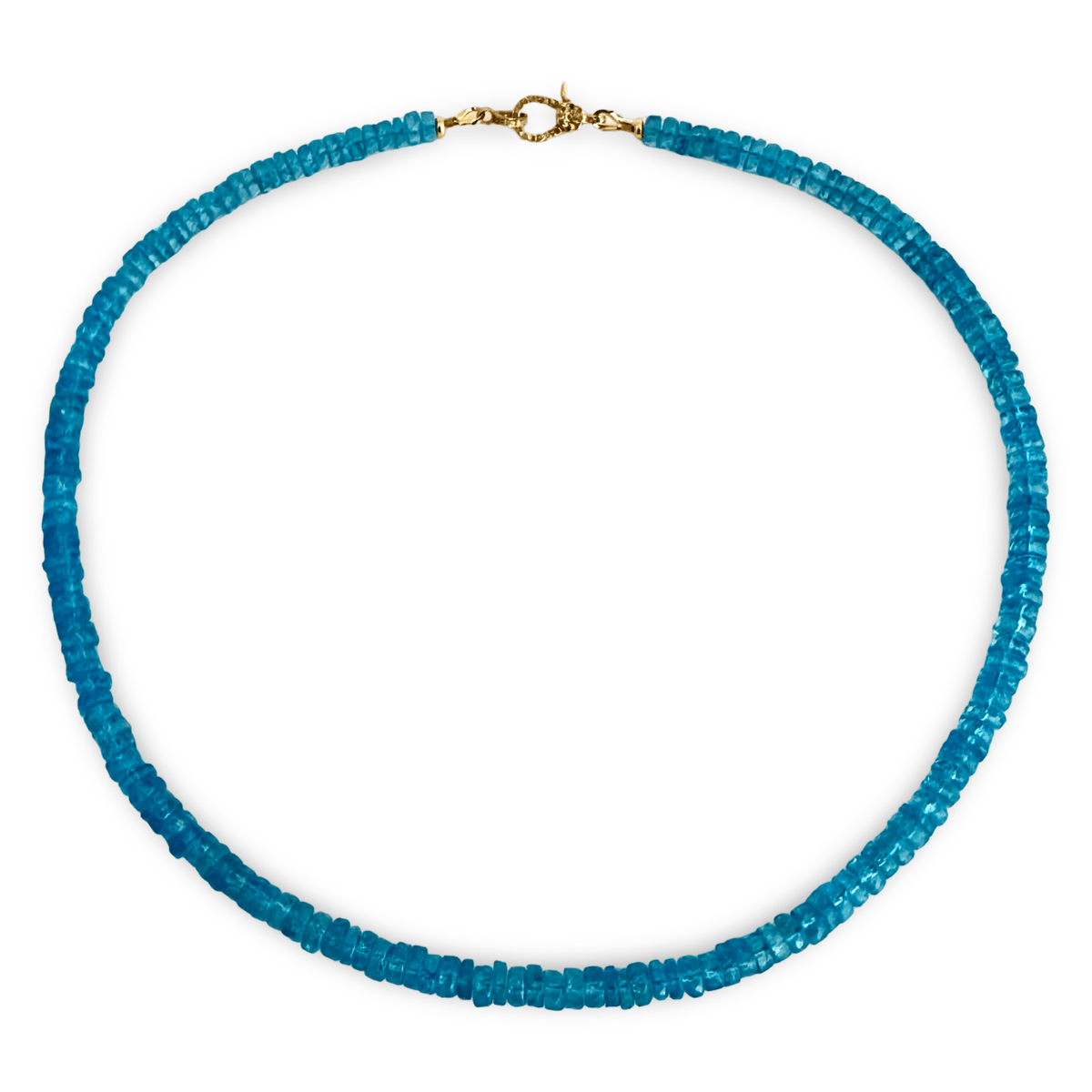A beaded necklace made of small faceted blue-green gemstone beads with a gold clasp, shown on a plain white background.