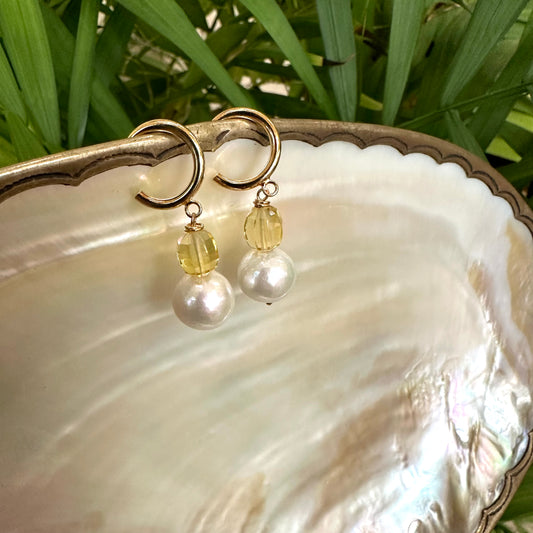 Pearl hoop earrings with Edison white pearls and citrine beads on gold vermeil hoops