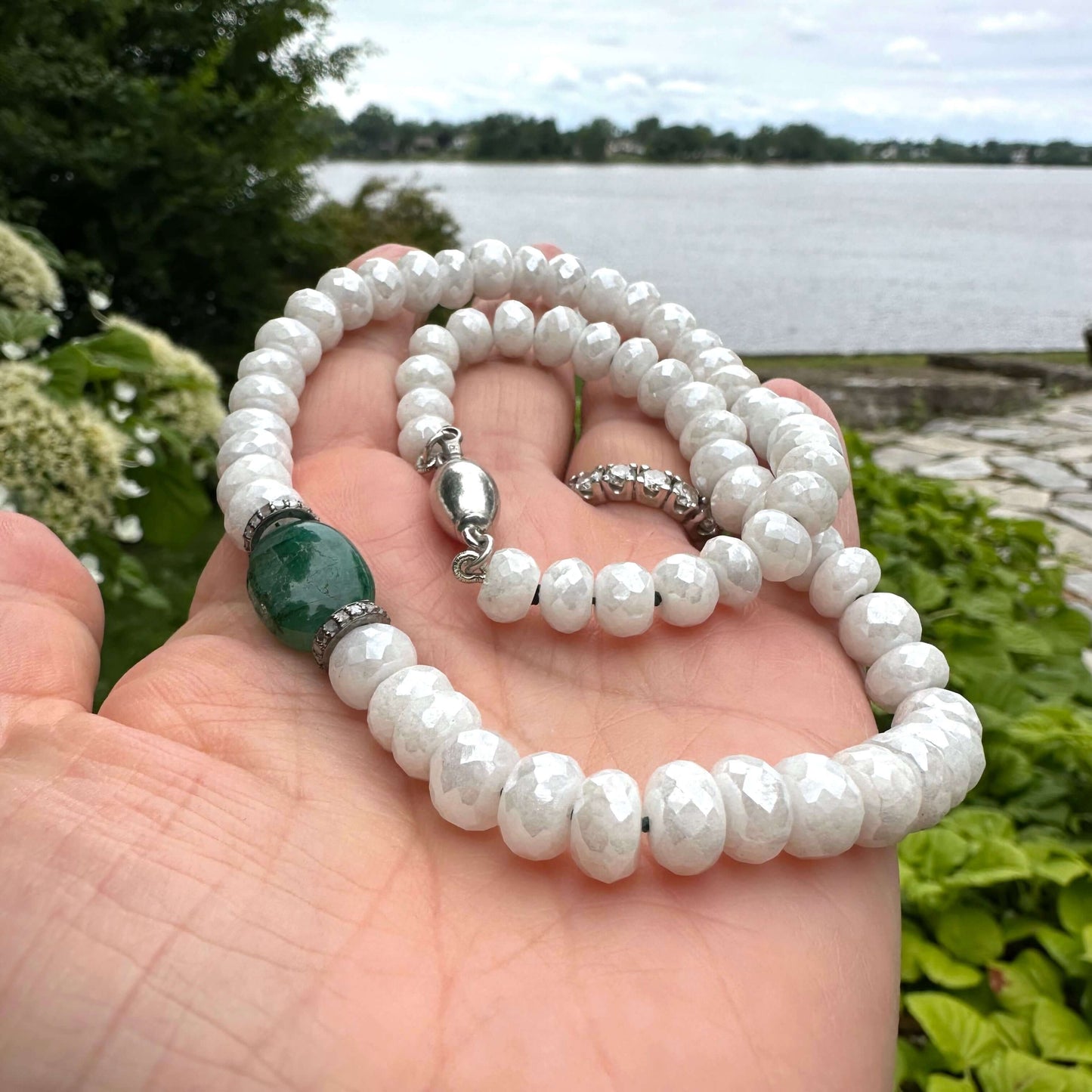Emerald diamond choker necklace handmade in Canada with white silverite beads and emerald