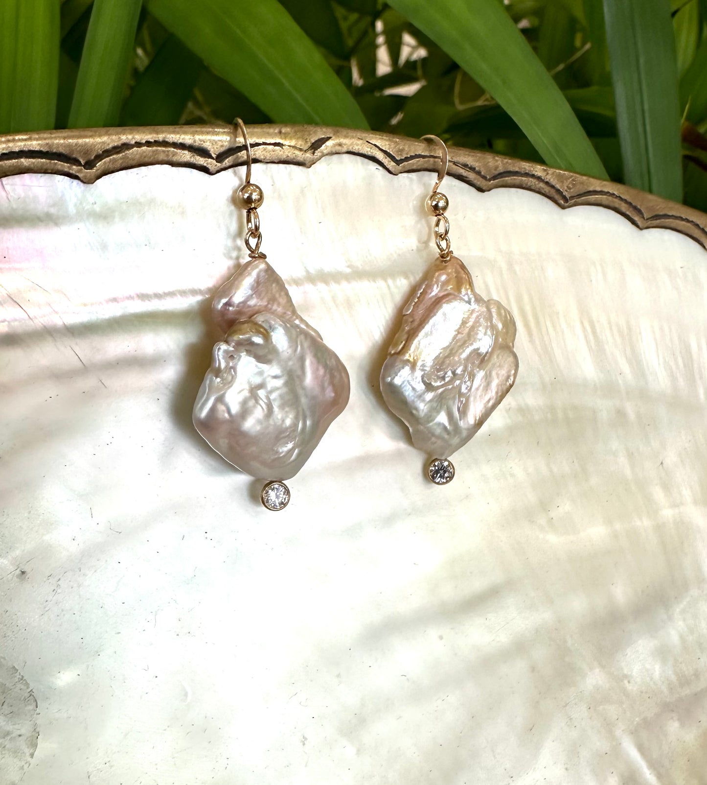 Diamond Shape Pearl Drop Earrings & Clear Cz