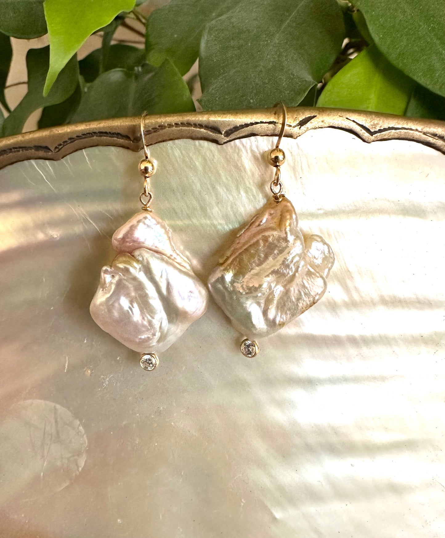 Diamond Shape Pearl Drop Earrings & Clear Cz