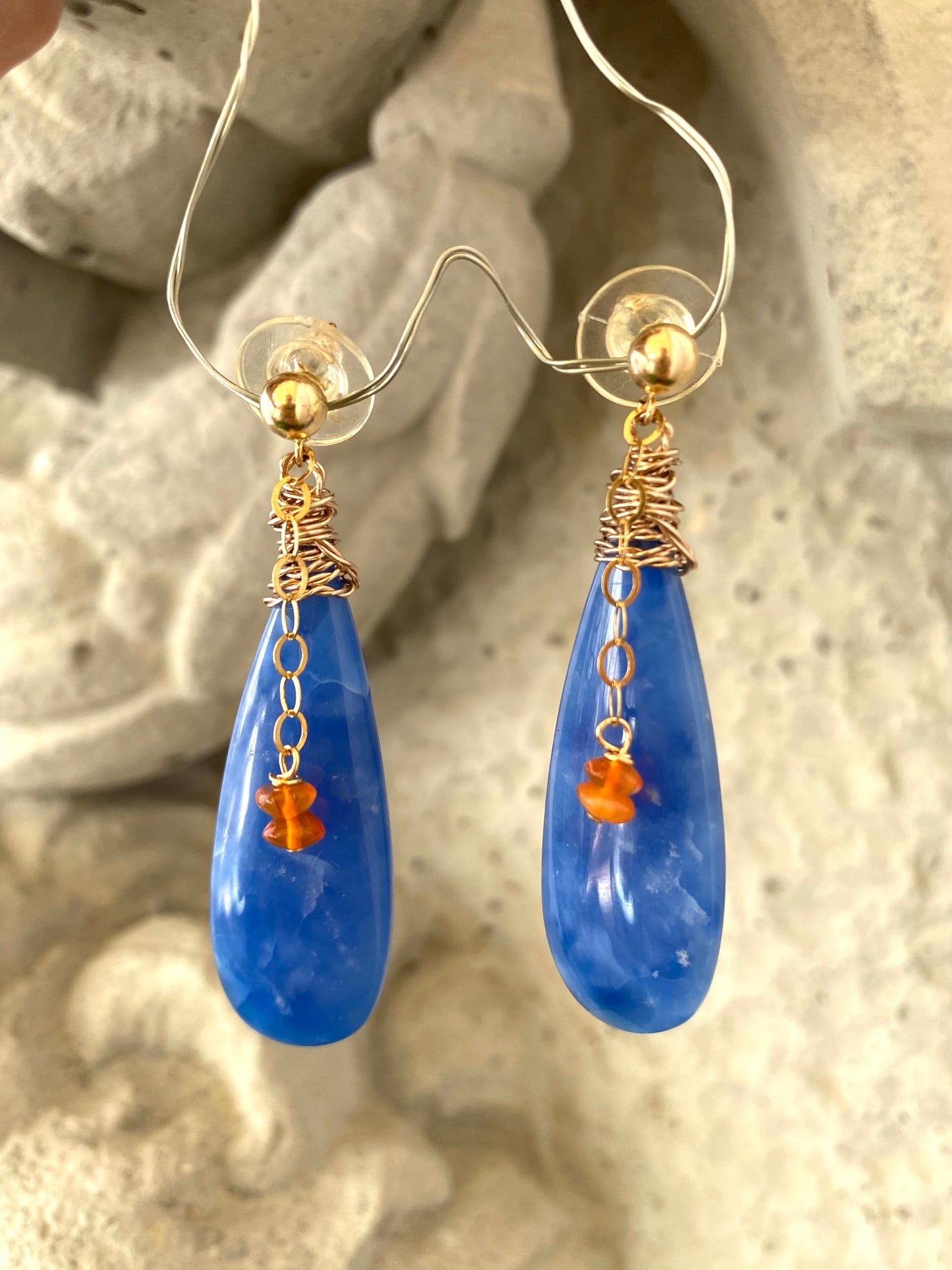 Blue Onyx Carnelian Earrings – Teardrop 14k Gold Filled featuring blue onyx and carnelian beads, handmade in Canada.