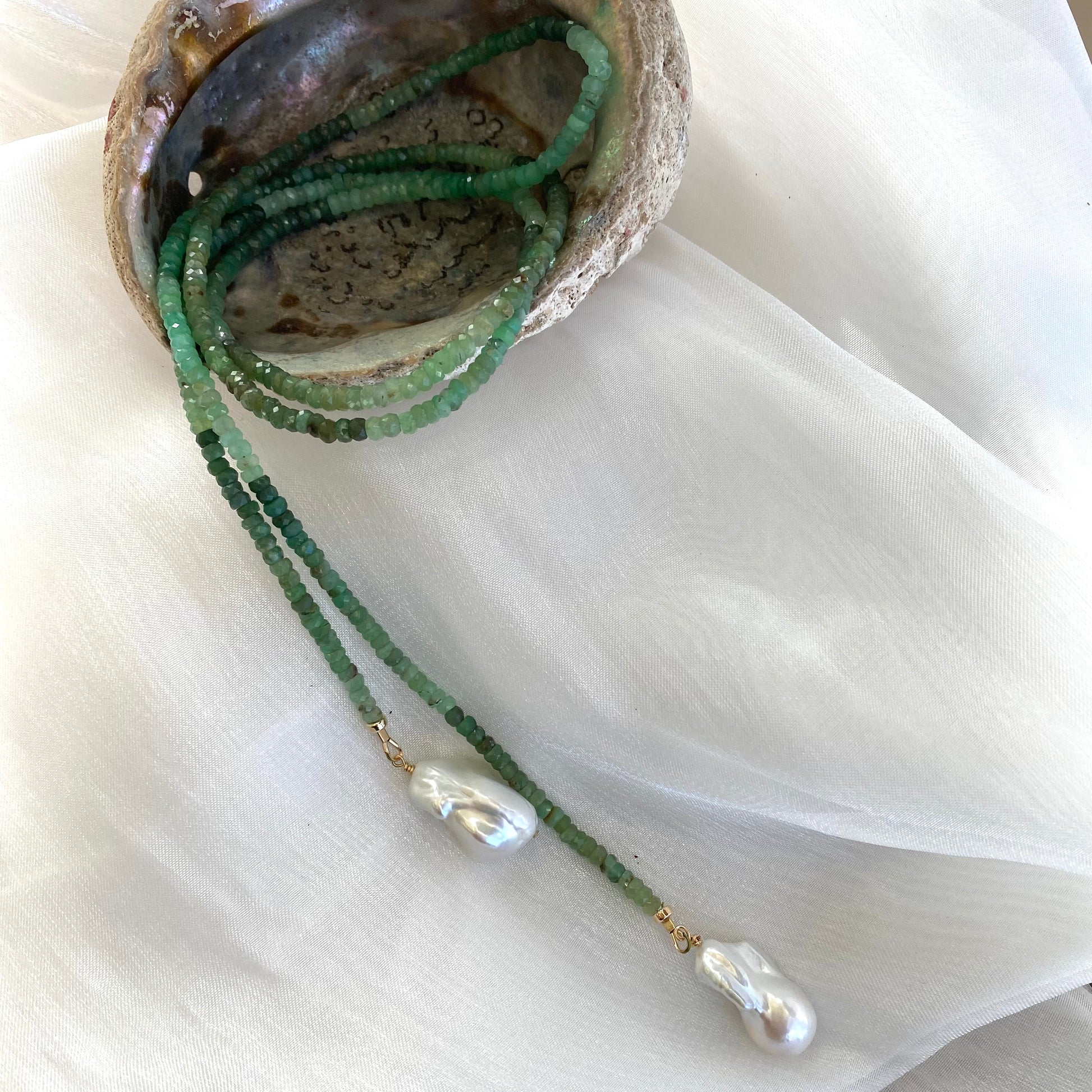 Chrysoprase lariat necklace with gold vermeil details and baroque pearls