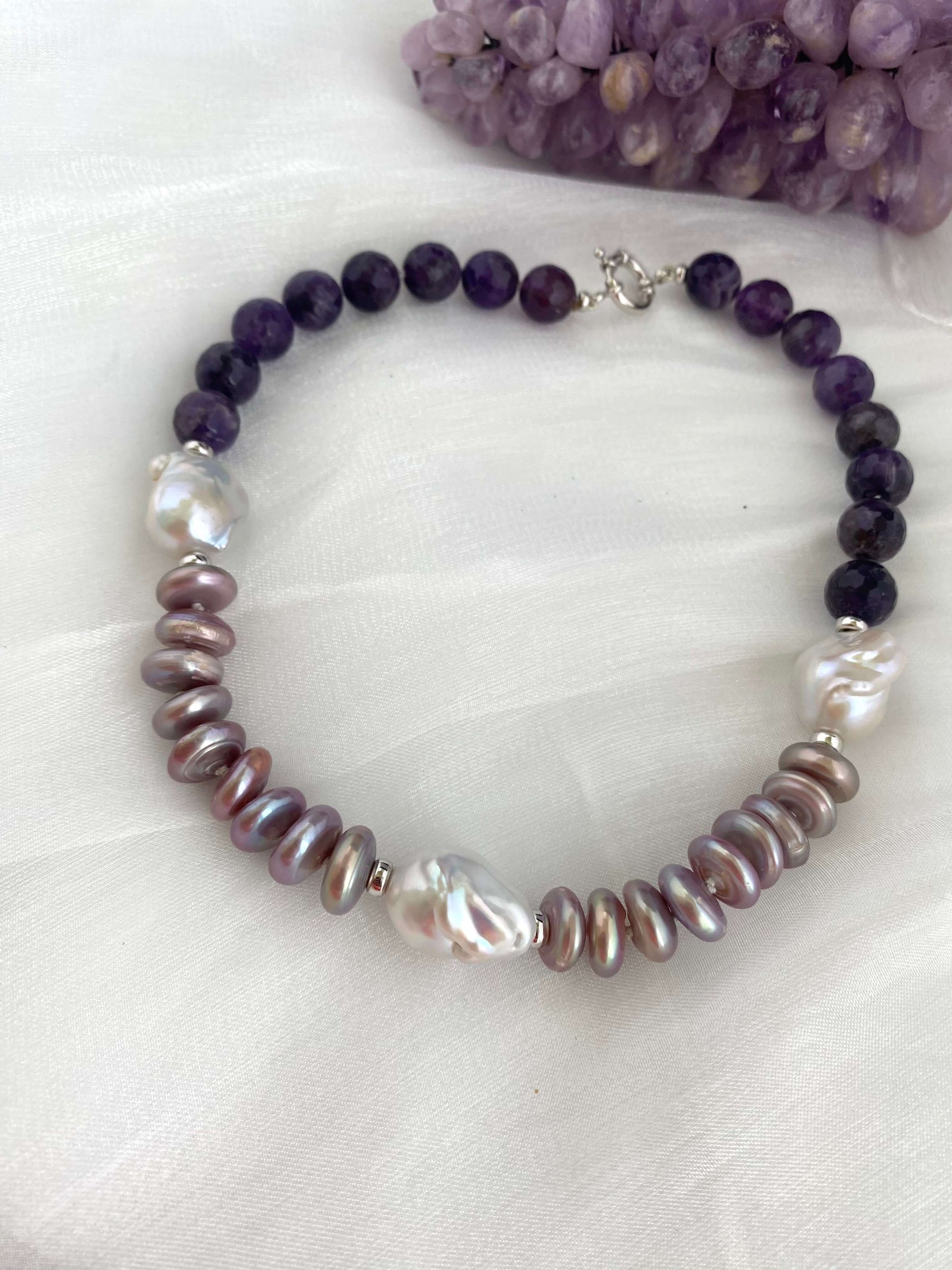 Garnet pearl necklace with Baroque and Coin Pearls featuring deep wine-red garnet and shimmering organic pearls.