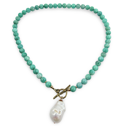 Green Amazonite & Baroque Pearl Necklace, gold artisan bronze toggle clasp