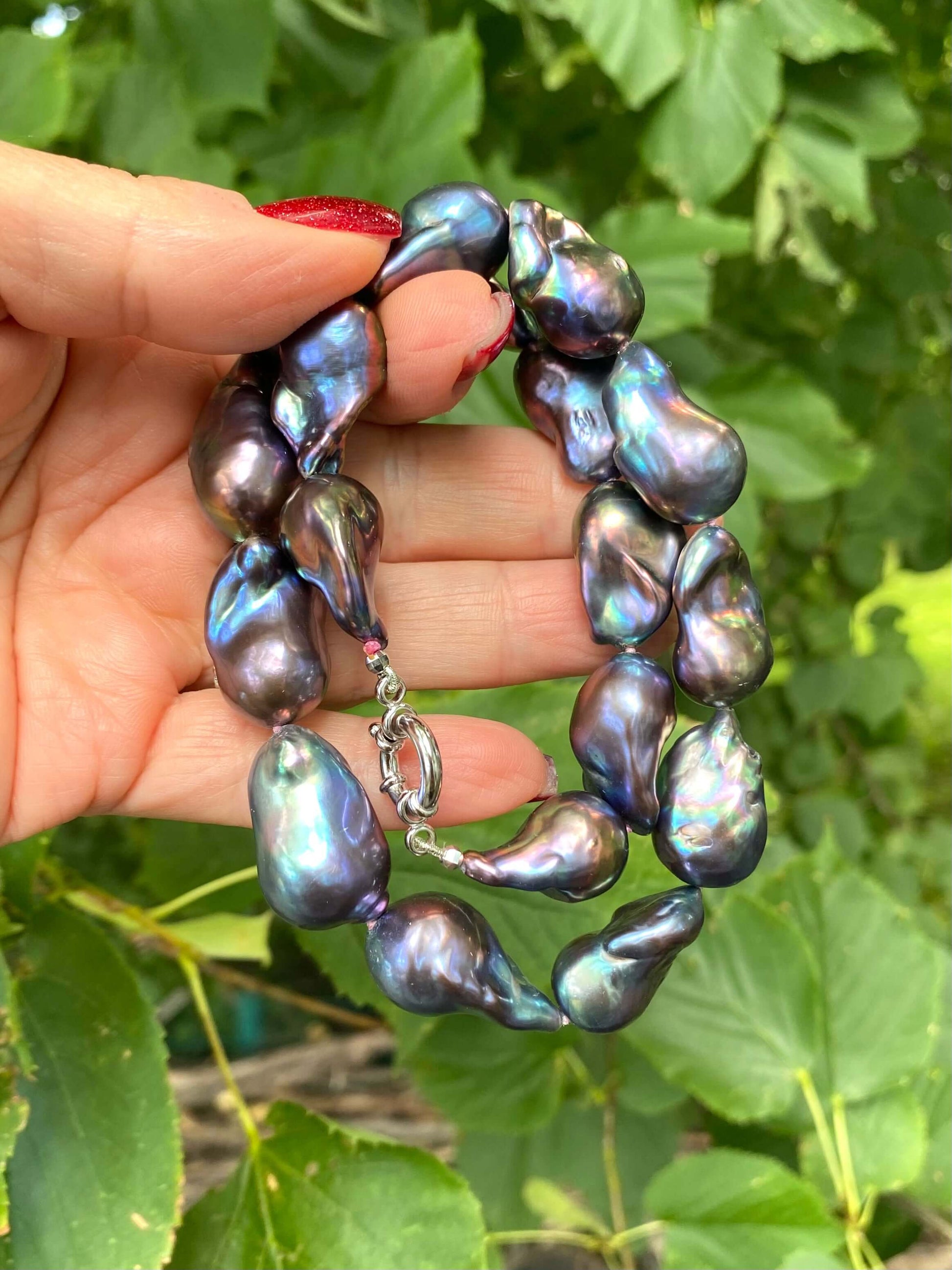 Black Baroque Pearl Necklace | Handcrafted Chunky Design showcasing peacock-black freshwater pearls.