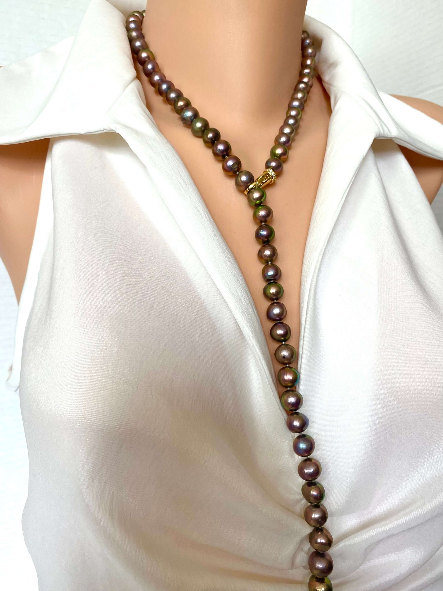 Metallic Pearl Necklace, Long Freshwater Pearl Necklace, Double Wrap Pearl Choker, Y Necklace, 31.5"