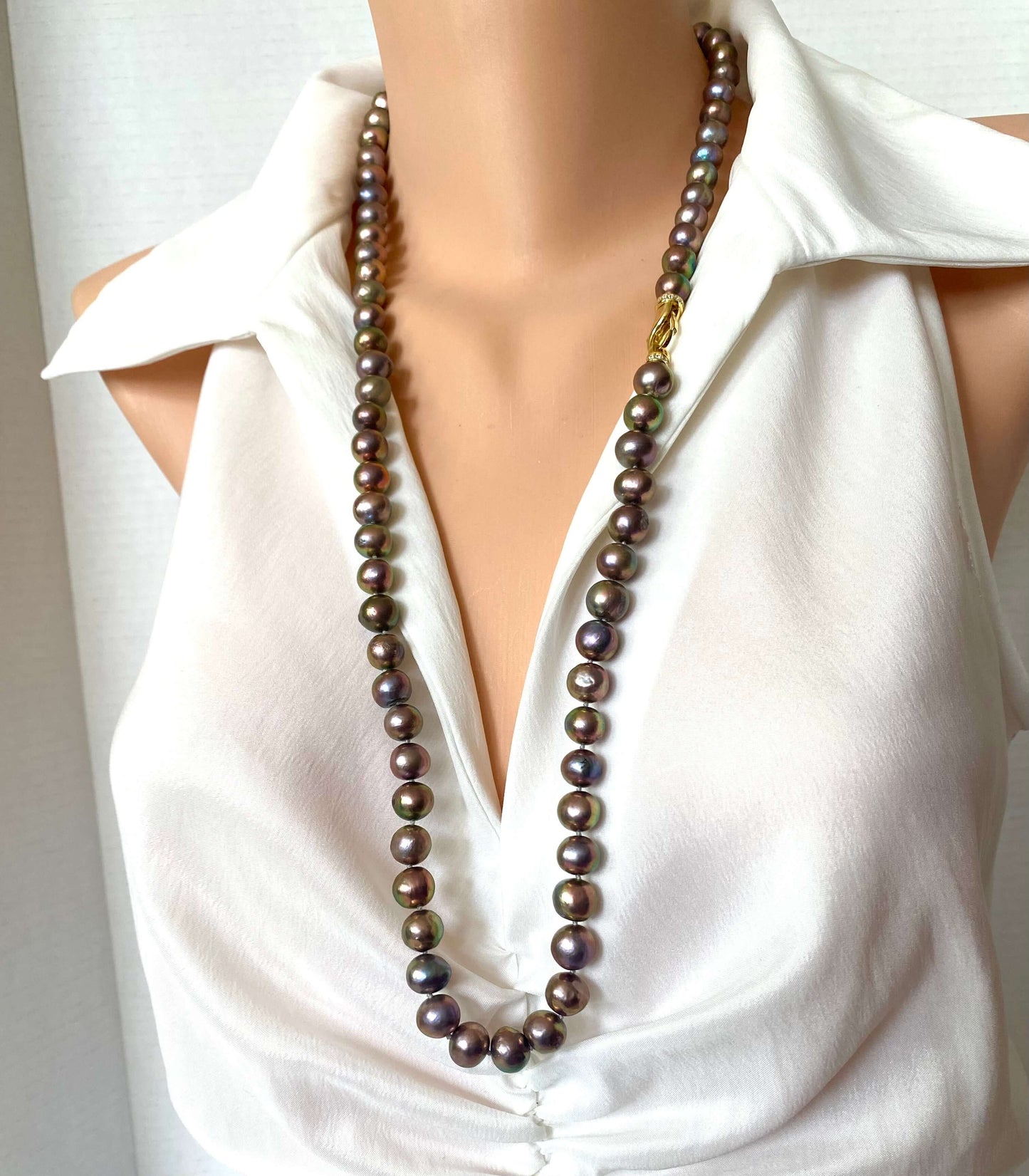 Metallic Pearl Necklace, Long Freshwater Pearl Necklace, Double Wrap Pearl Choker, Y Necklace, 31.5"