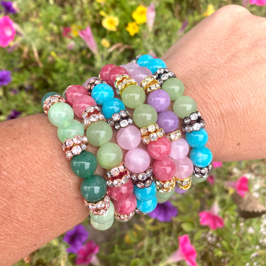 Colorful jade rhinestone stretchy bracelet stacked together showing mixed jade bead colors