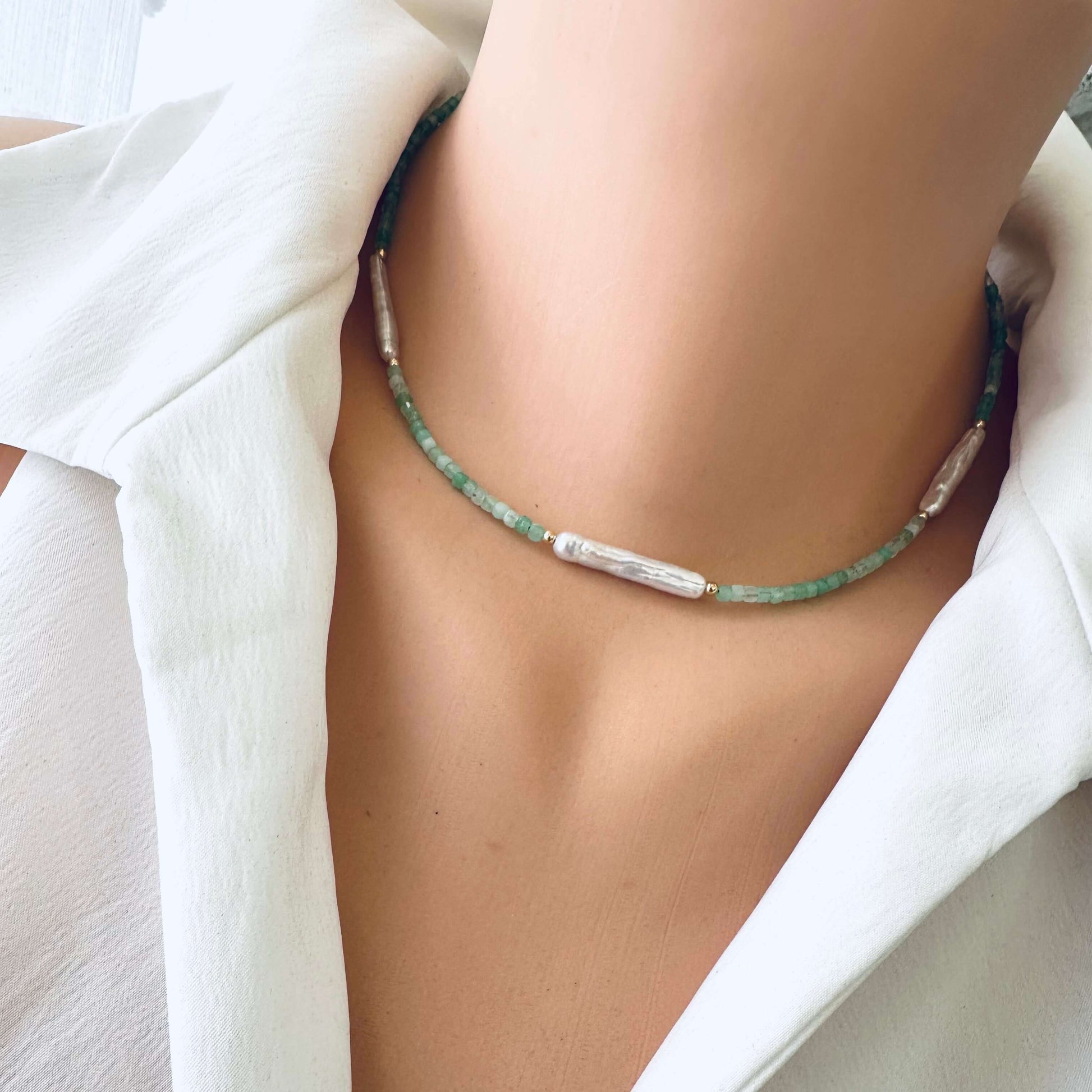 Green Chrysoprase Necklace worn on mannequin – front close-up view