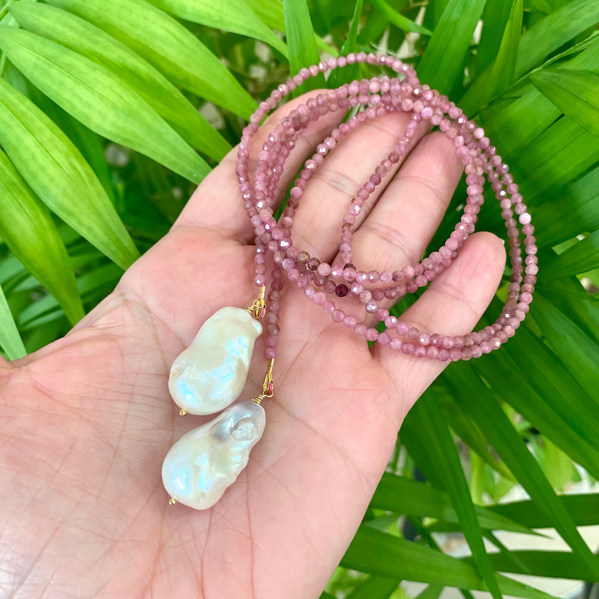 Pink Tourmaline Pearl Lariat Necklace featuring faceted pink tourmaline beads and large baroque pearls.