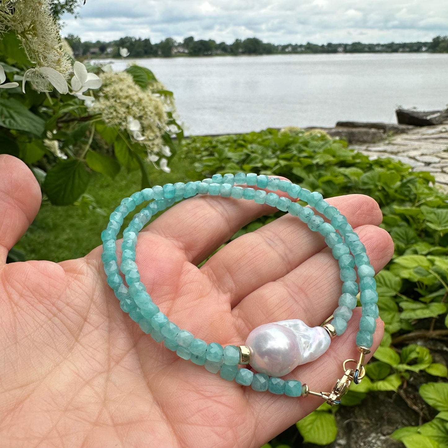 Amazonite baroque pearl necklace featuring vibrant blue amazonite and baroque pearl