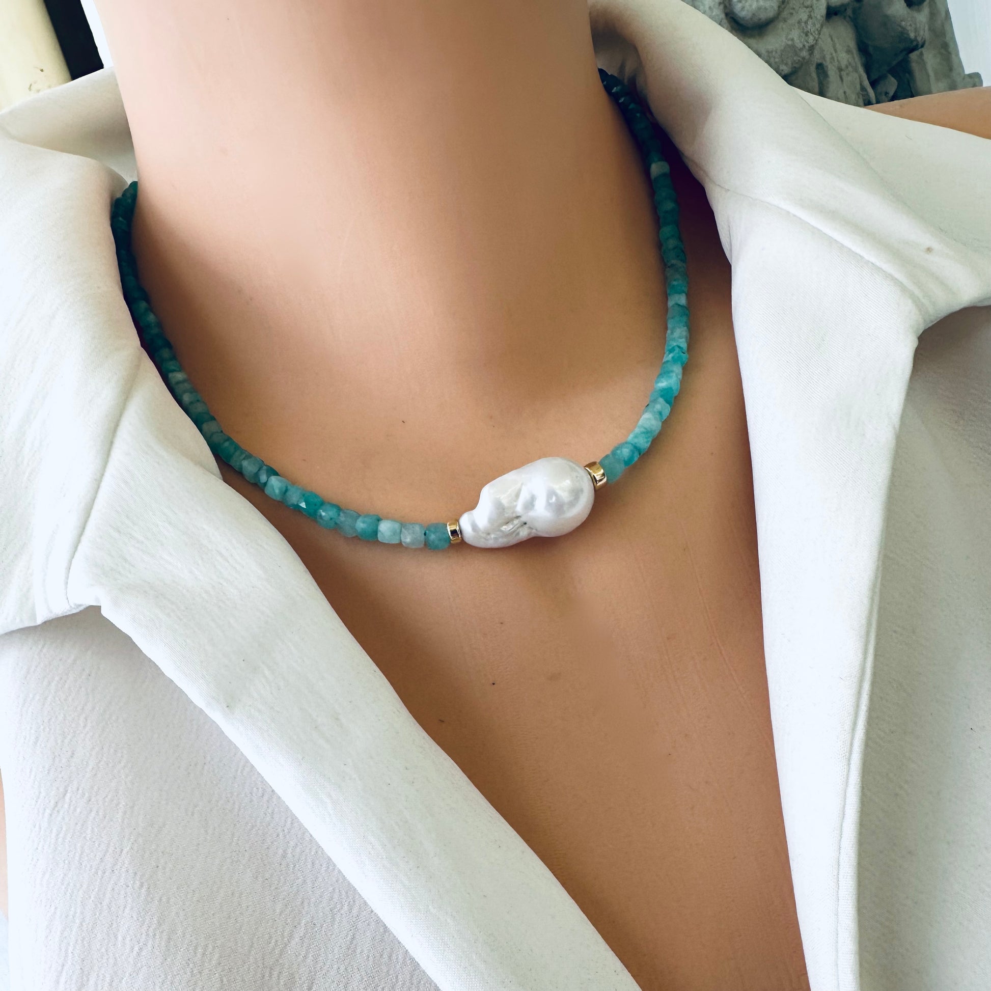 Amazonite baroque pearl necklace worn at collarbone with blue amazonite beads and freshwater pearl