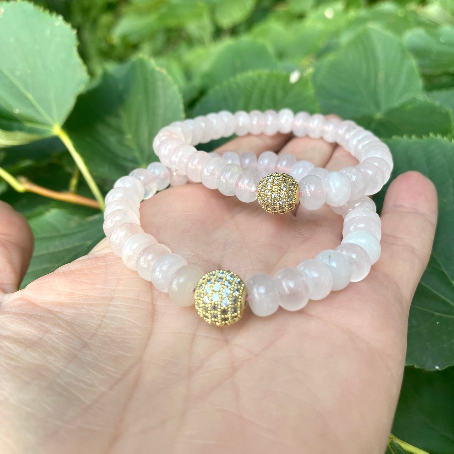 Blue sponge rose quartz pearl stretchy bracelet with rose quartz beads and rhinestone spacers