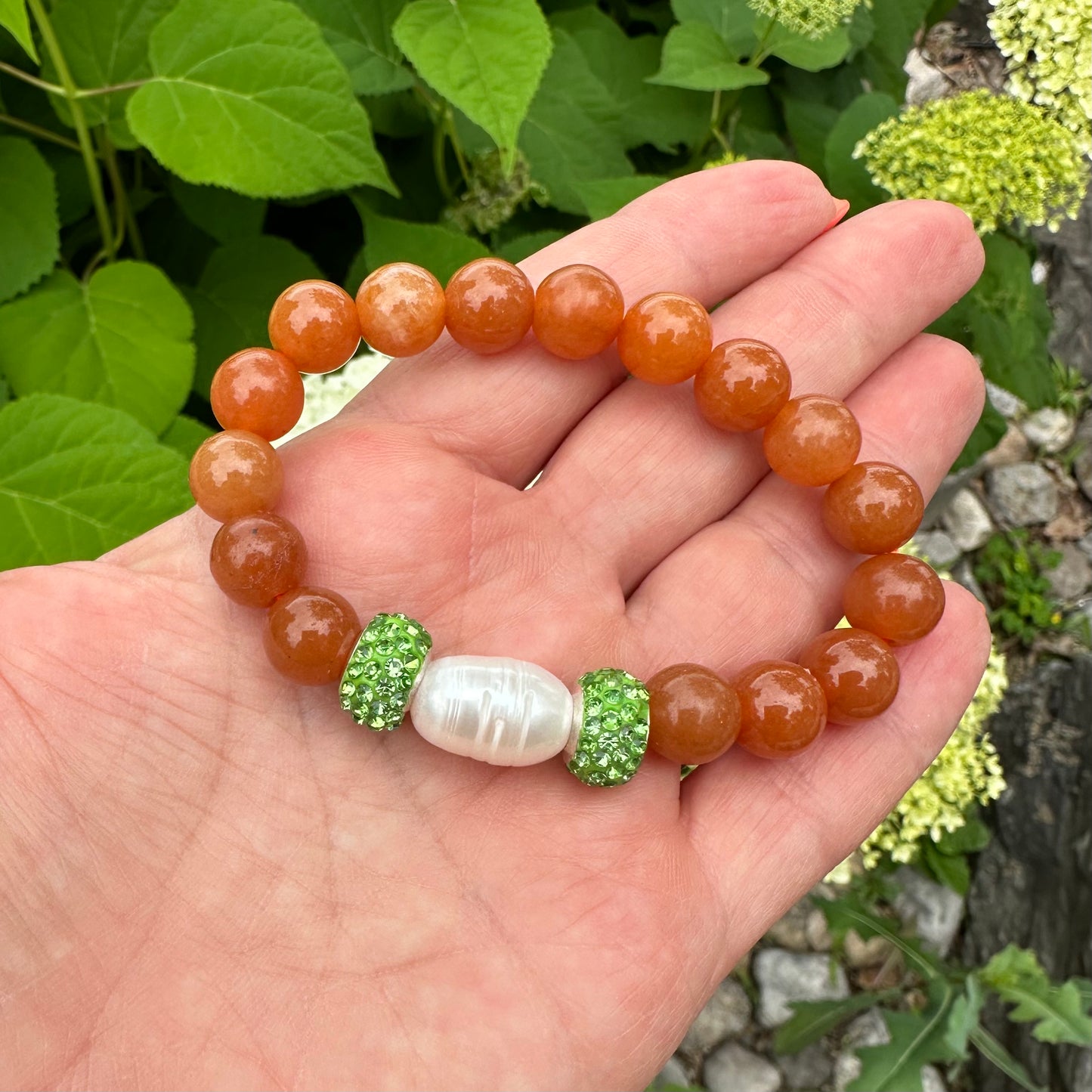 Aventurine jade pearl stretchy bracelet with red aventurine beads and rhinestone accents