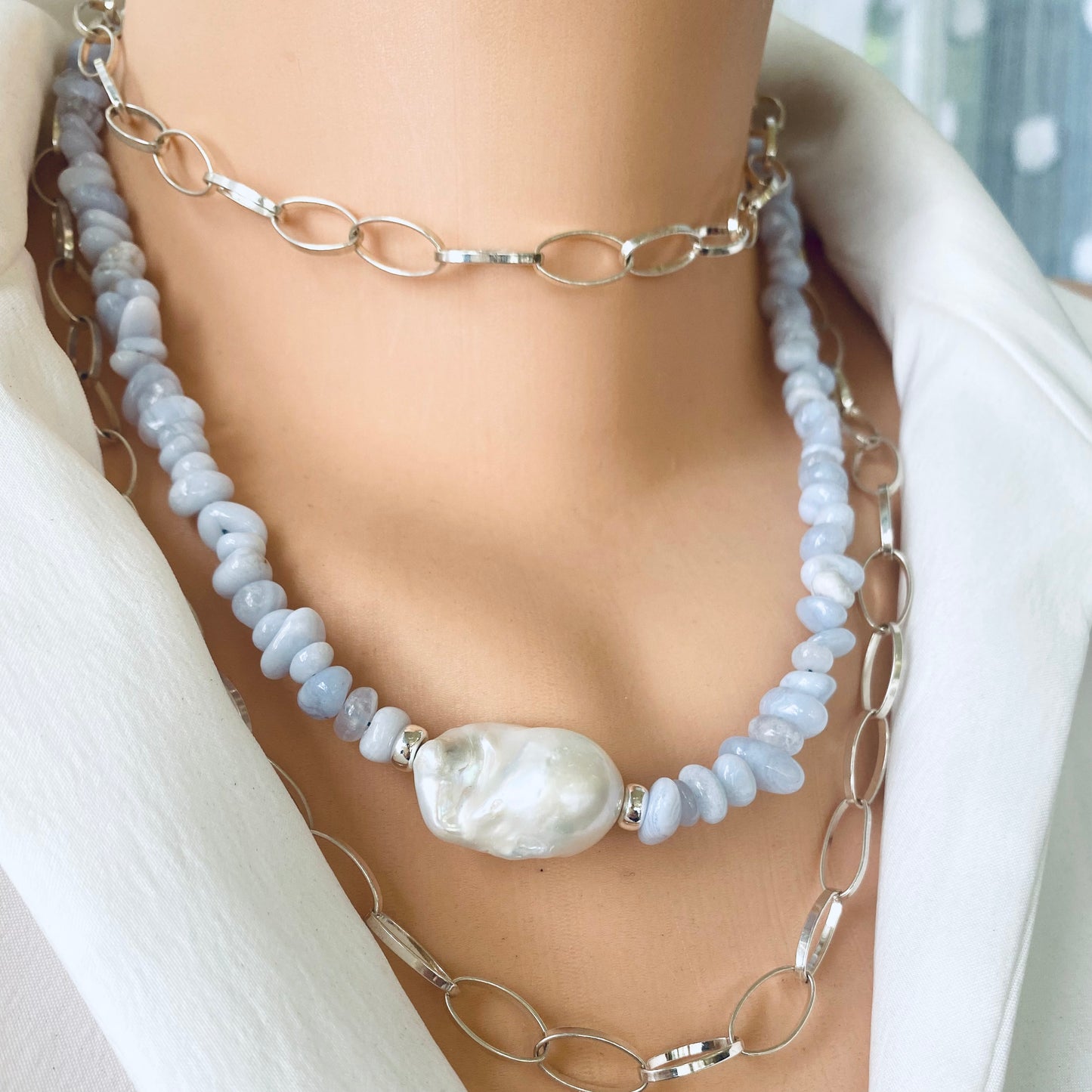 Blue lace agate pearl necklace handmade in Canada