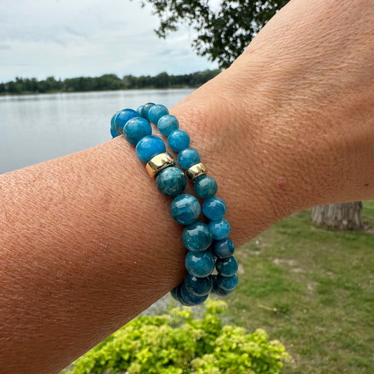 Blue Apatite Bracelet worn as a pair on wrist – two-bracelet stacked look