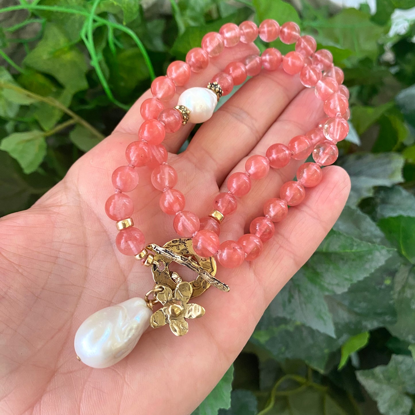 Cherry Quartz & Baroque Pearls Necklace