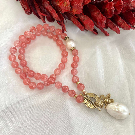 Cherry Quartz & Baroque Pearls Necklace