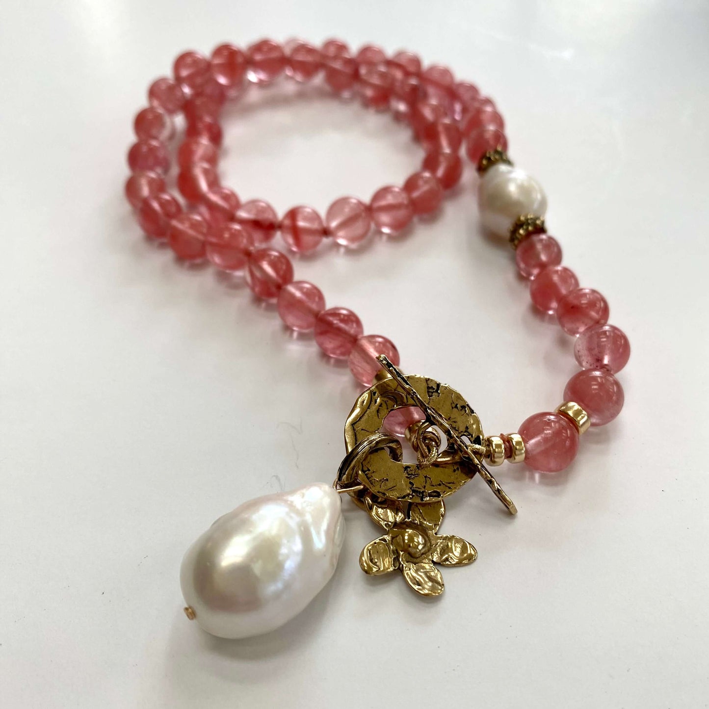 Cherry Quartz & Baroque Pearls Necklace