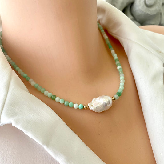 Chrysoprase Pearl Necklace with Baroque Pearl featuring vibrant green chrysoprase and a luminous freshwater pearl.