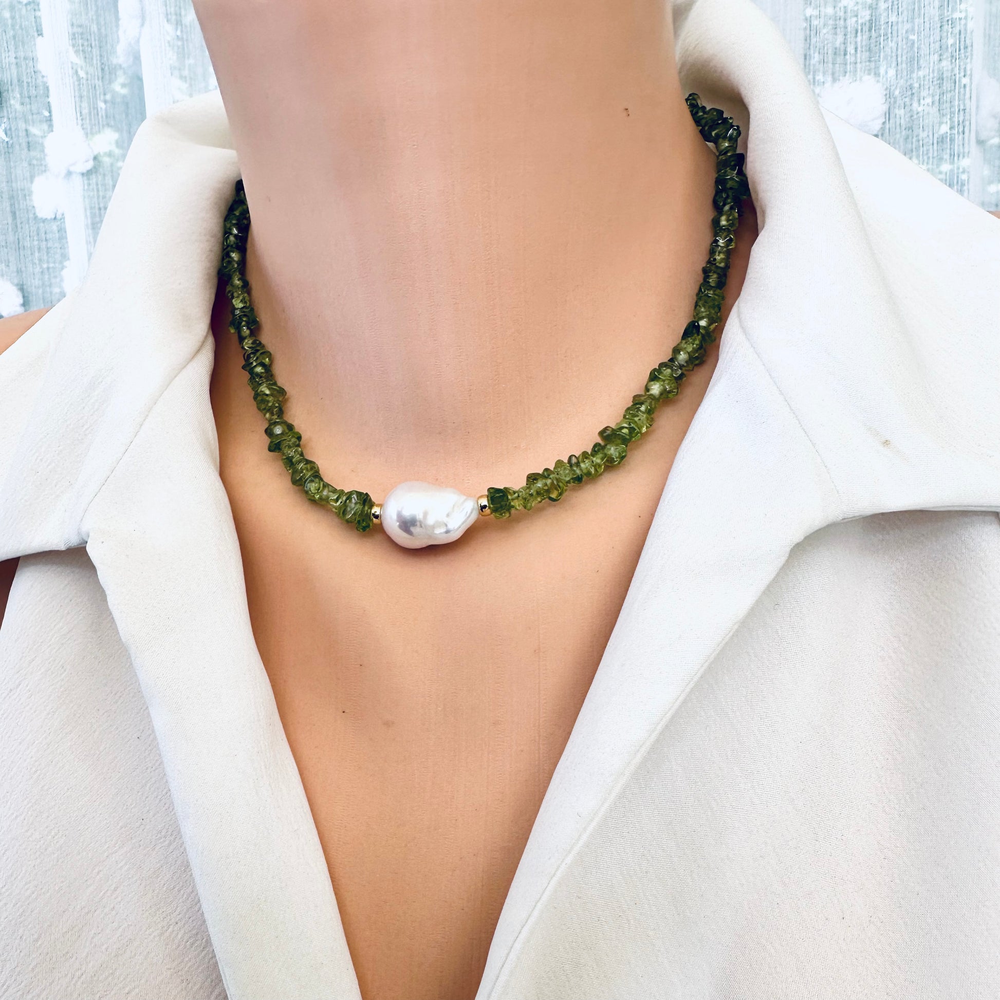 Baroque pearl peridot necklace with gold vermeil clasp handmade Canadian jewelry