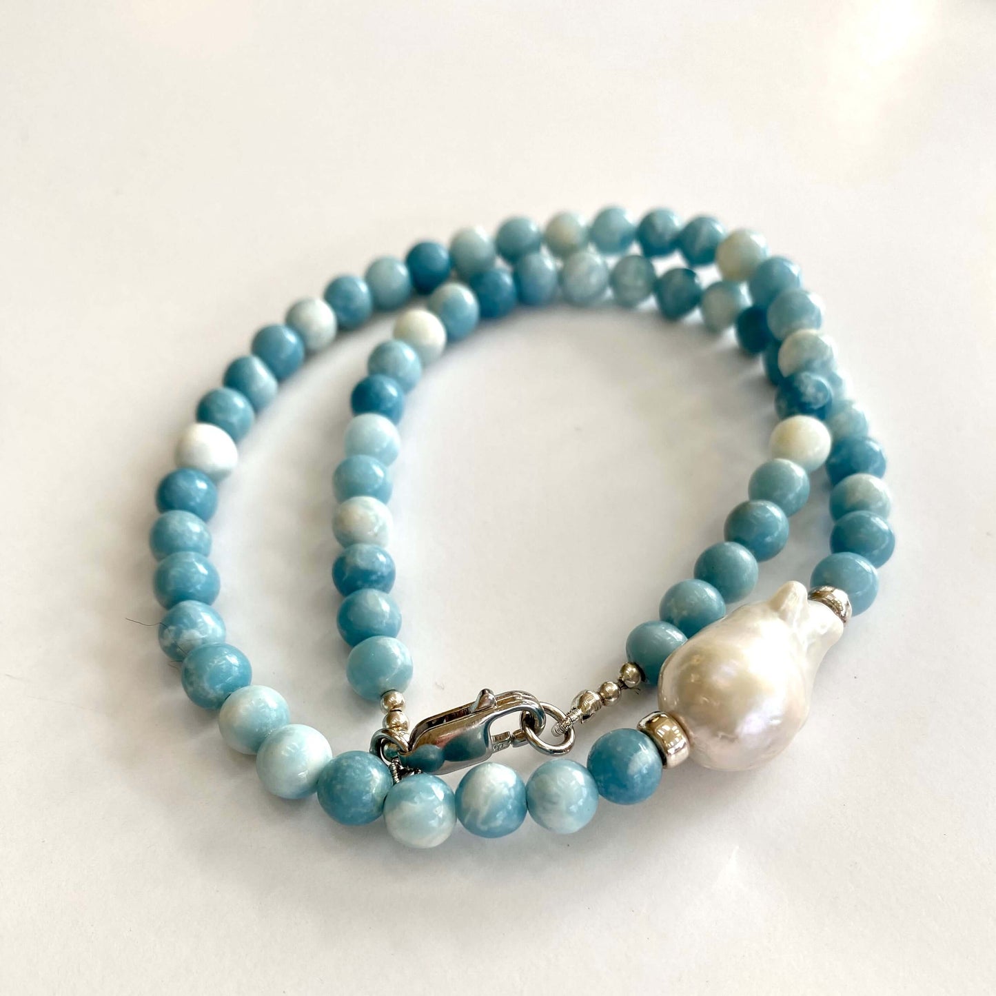 Larimar Like Quartz & Baroque Pearl Necklace