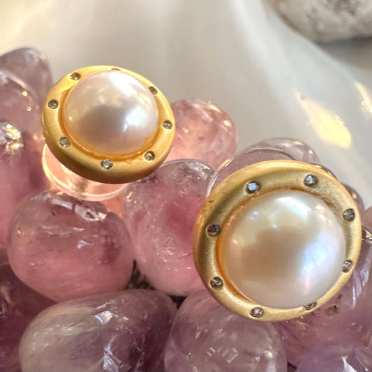 White Edison Mabe Pearl stud earrings with CZ accents in gold vermeil-plated silver, ideal for bridal jewelry and special occasions.