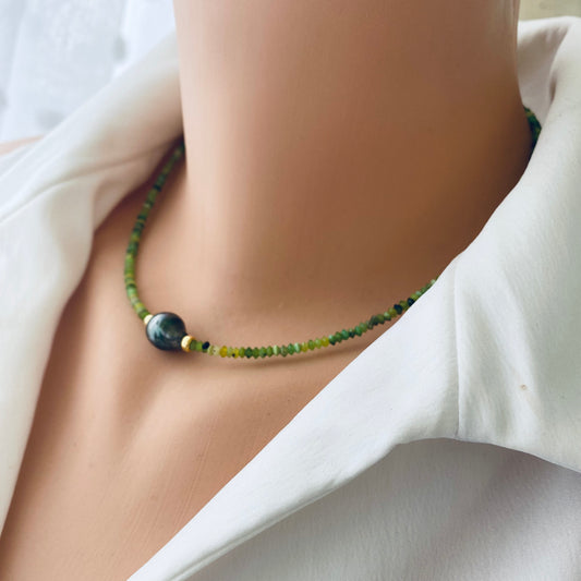 Green chrysoprase baroque pearl necklace featuring vibrant green gemstones and a bold Tahitian pearl.
