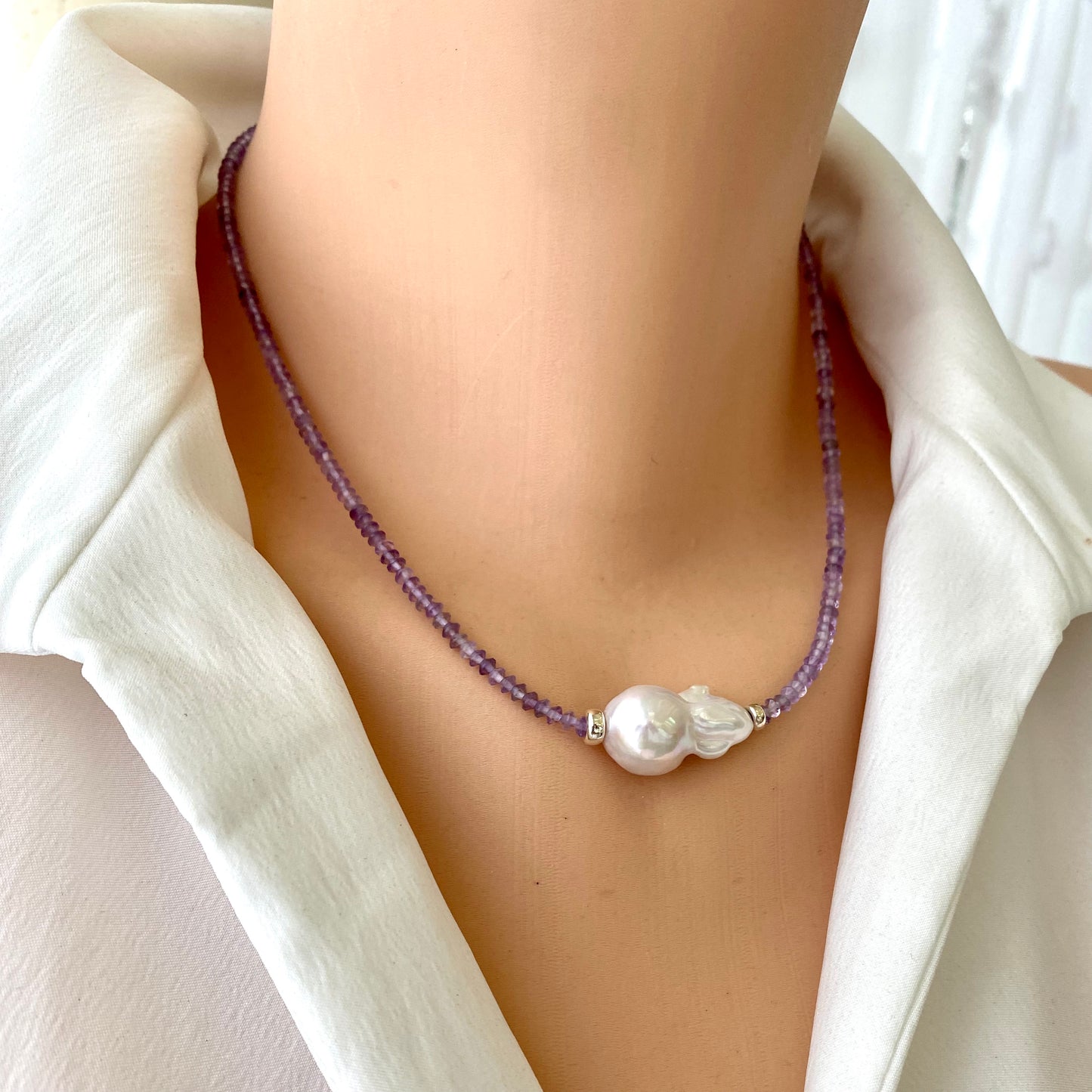 Lavender amethyst baroque pearl necklace featuring pastel Amethyst beads and a luminous white Baroque pearl.