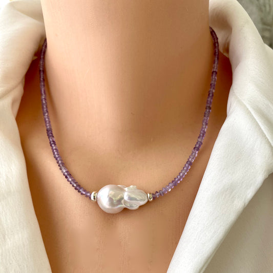 Lavender amethyst baroque pearl necklace with bicone amethyst beads and a white Baroque pearl centerpiece.