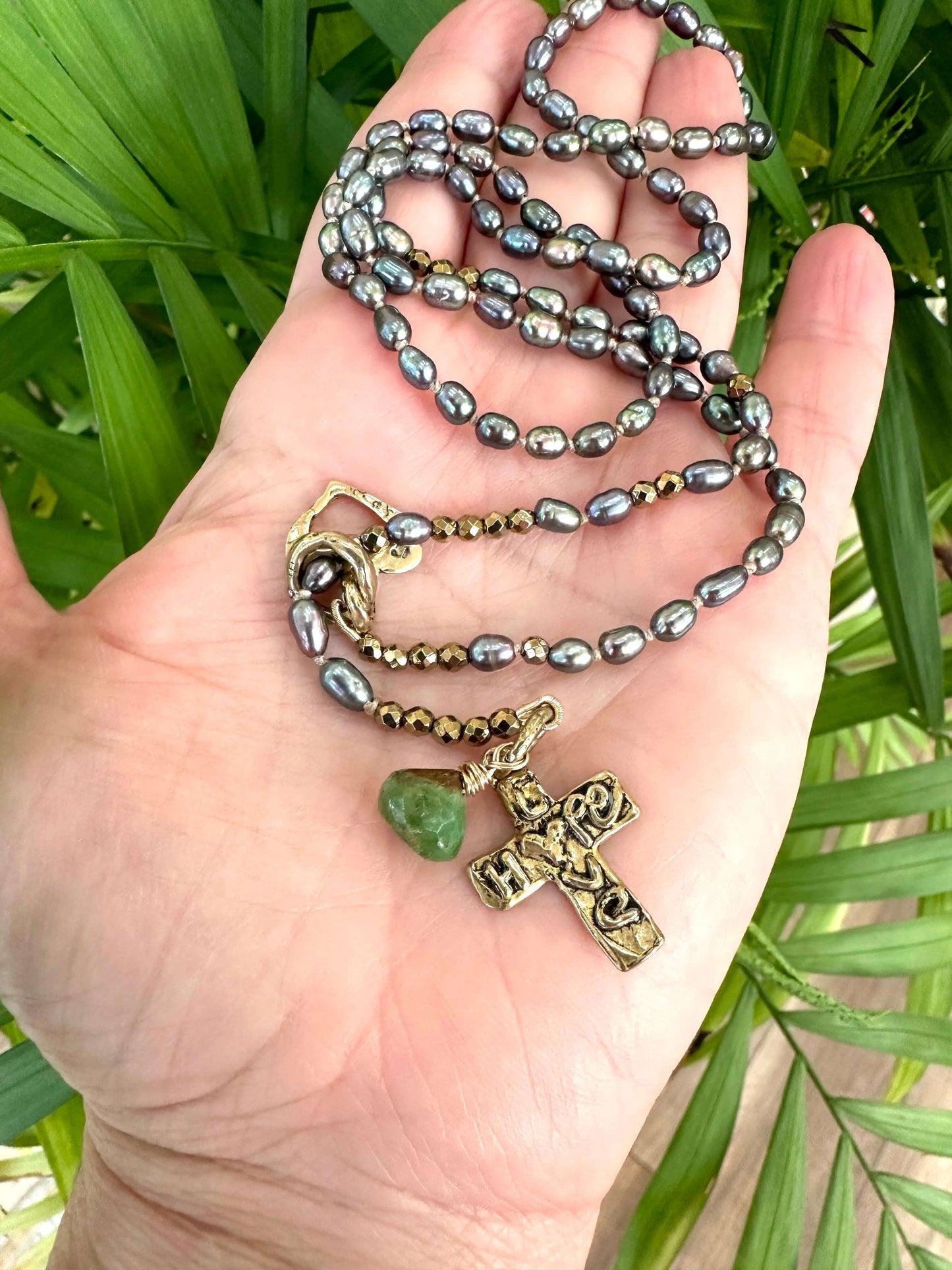 Hope & Love Cross Black Pearl Necklace