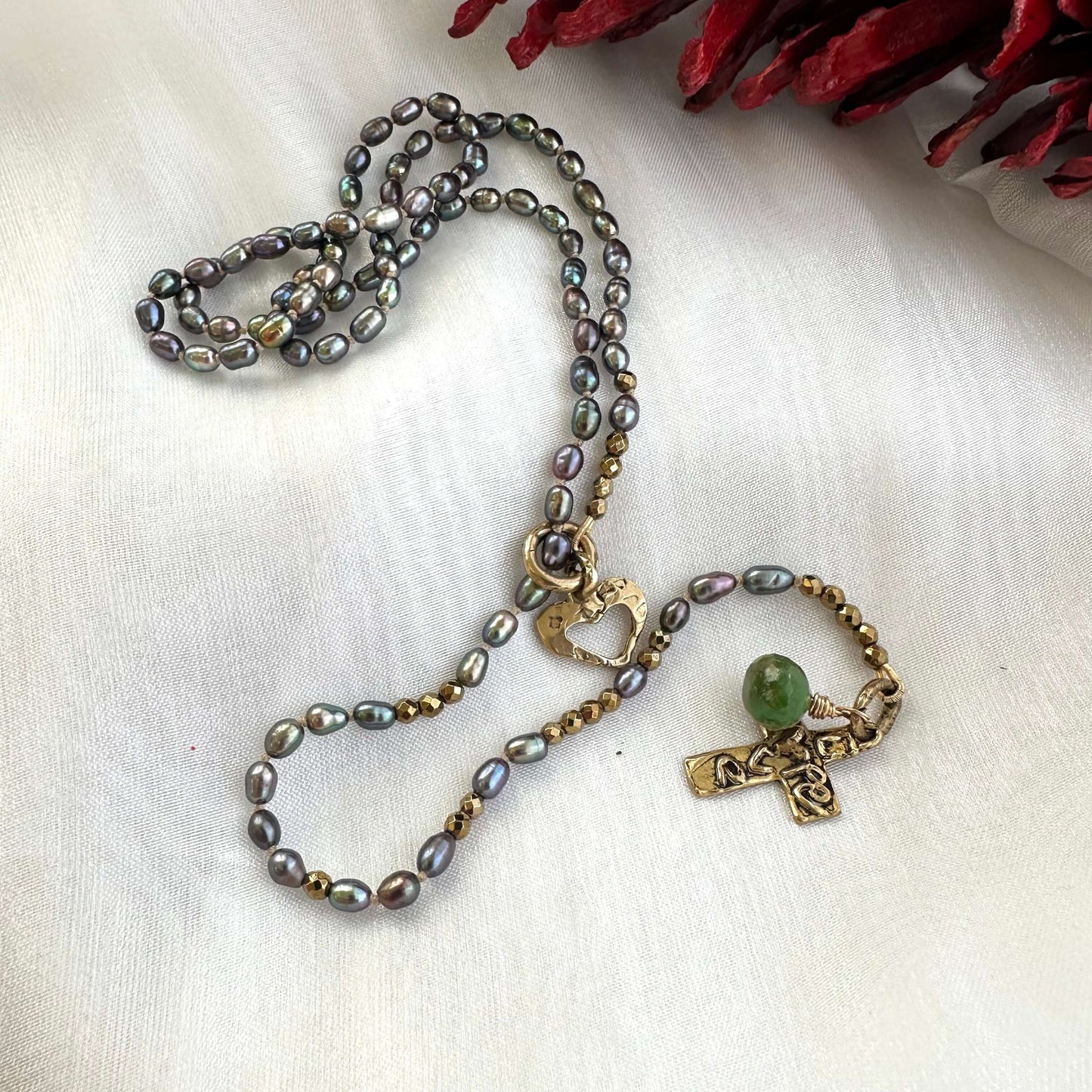 Hope & Love Cross Black Pearl Necklace