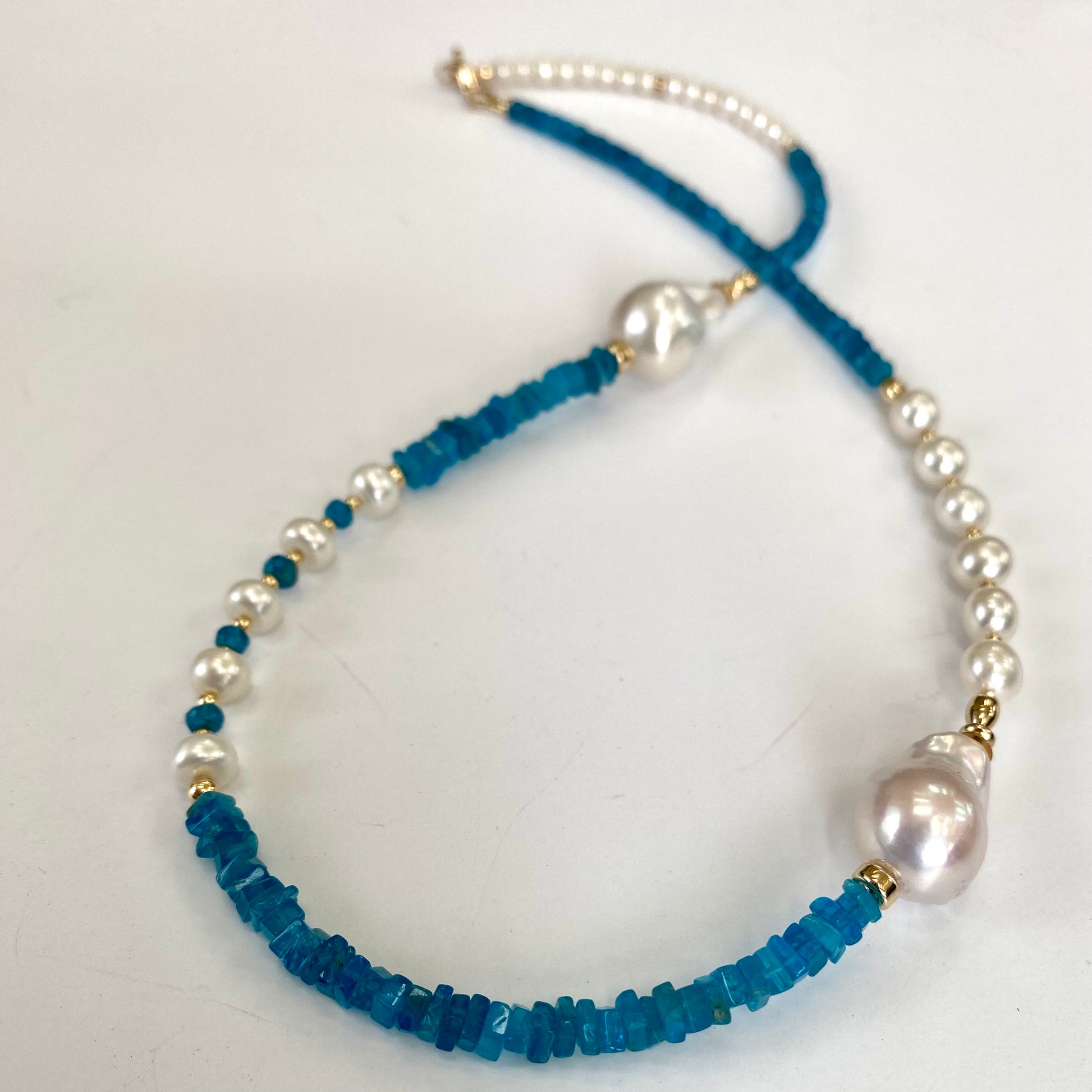 Blue Apatite Baroque Pearl Necklace | Asymmetric 14K Gold Filled with blue apatite and baroque pearls.