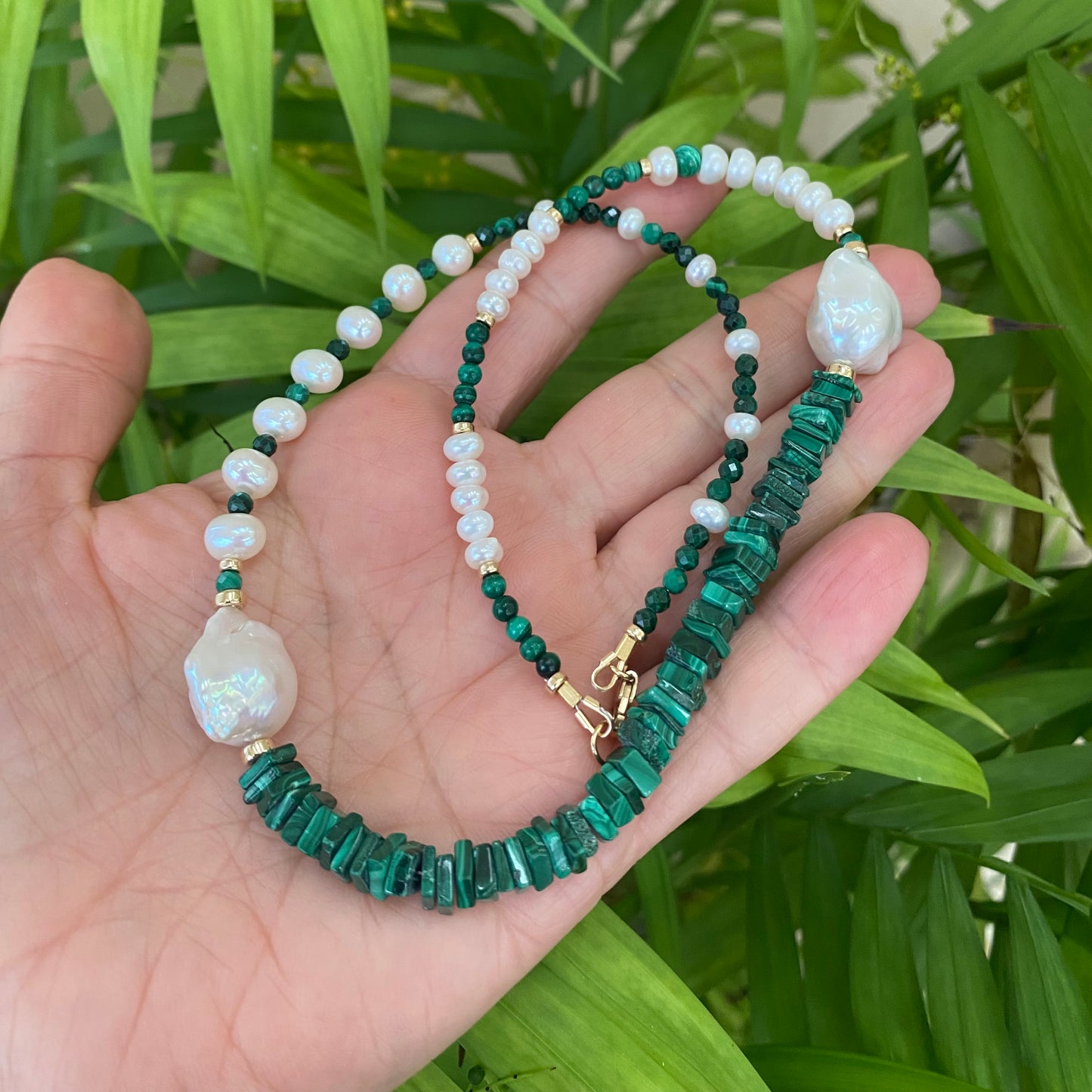 Malachite baroque pearl necklace in 14K gold filled, featuring asymmetric design with green malachite and baroque pearls.