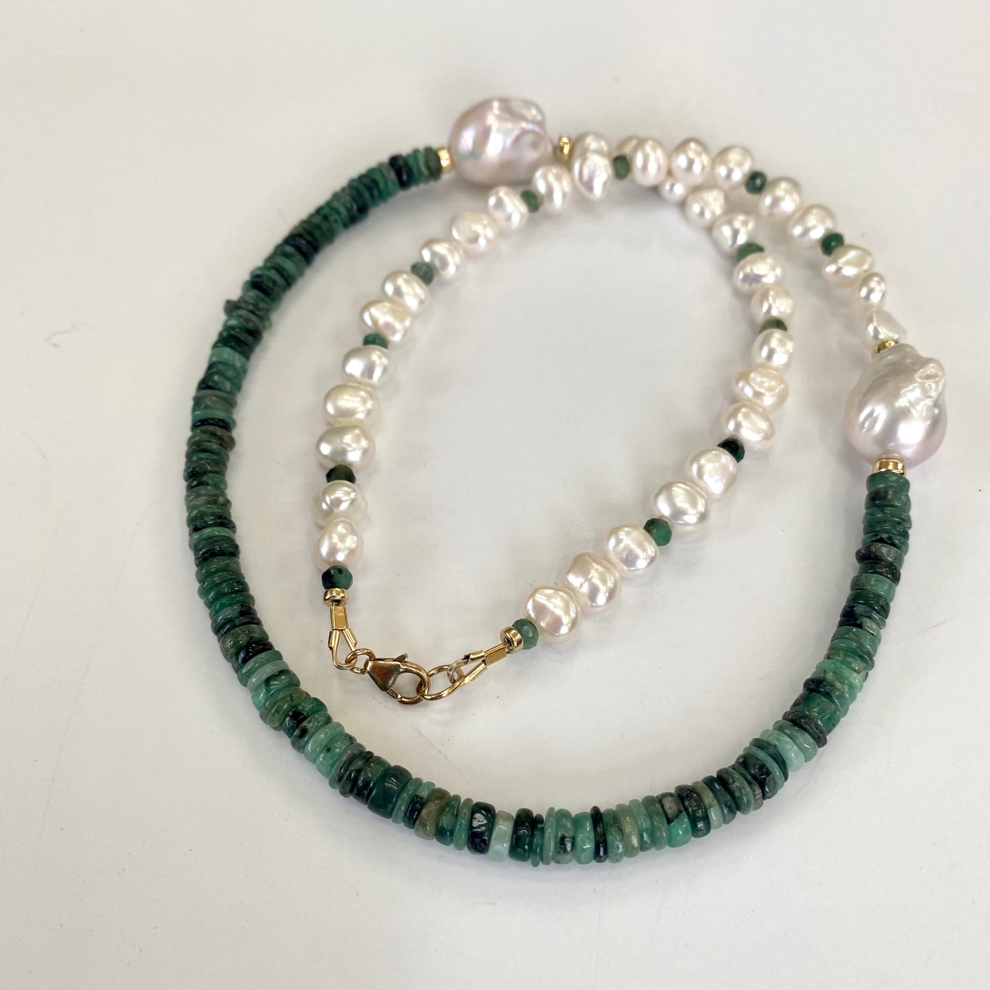 Emerald Baroque Pearl Necklace | Asymmetric 14K Gold Filled featuring emerald disk beads and freshwater pearls.