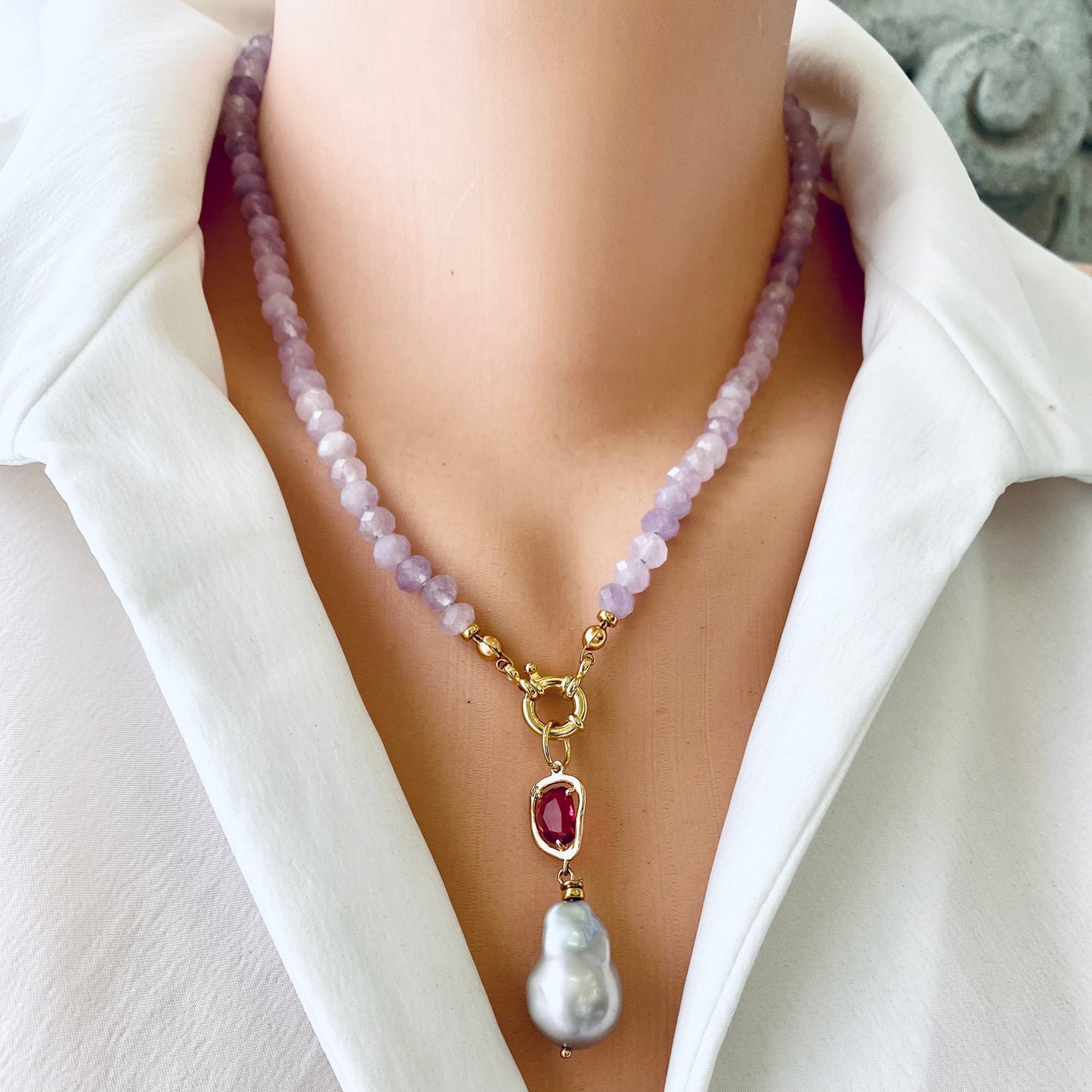 Lavender amethyst baroque pearl necklace featuring candy bead pendant and luminous Baroque pearl.