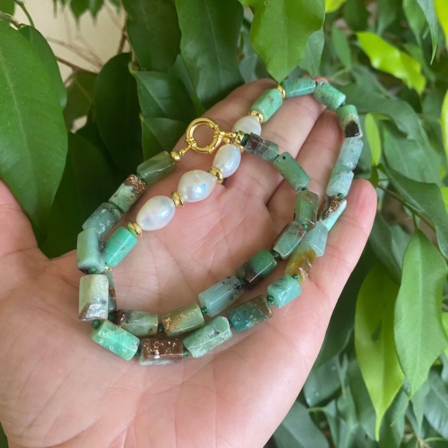 Chrysoprase Pearl Necklace featuring faceted green chrysoprase beads and white freshwater pearls, handmade in Canada.