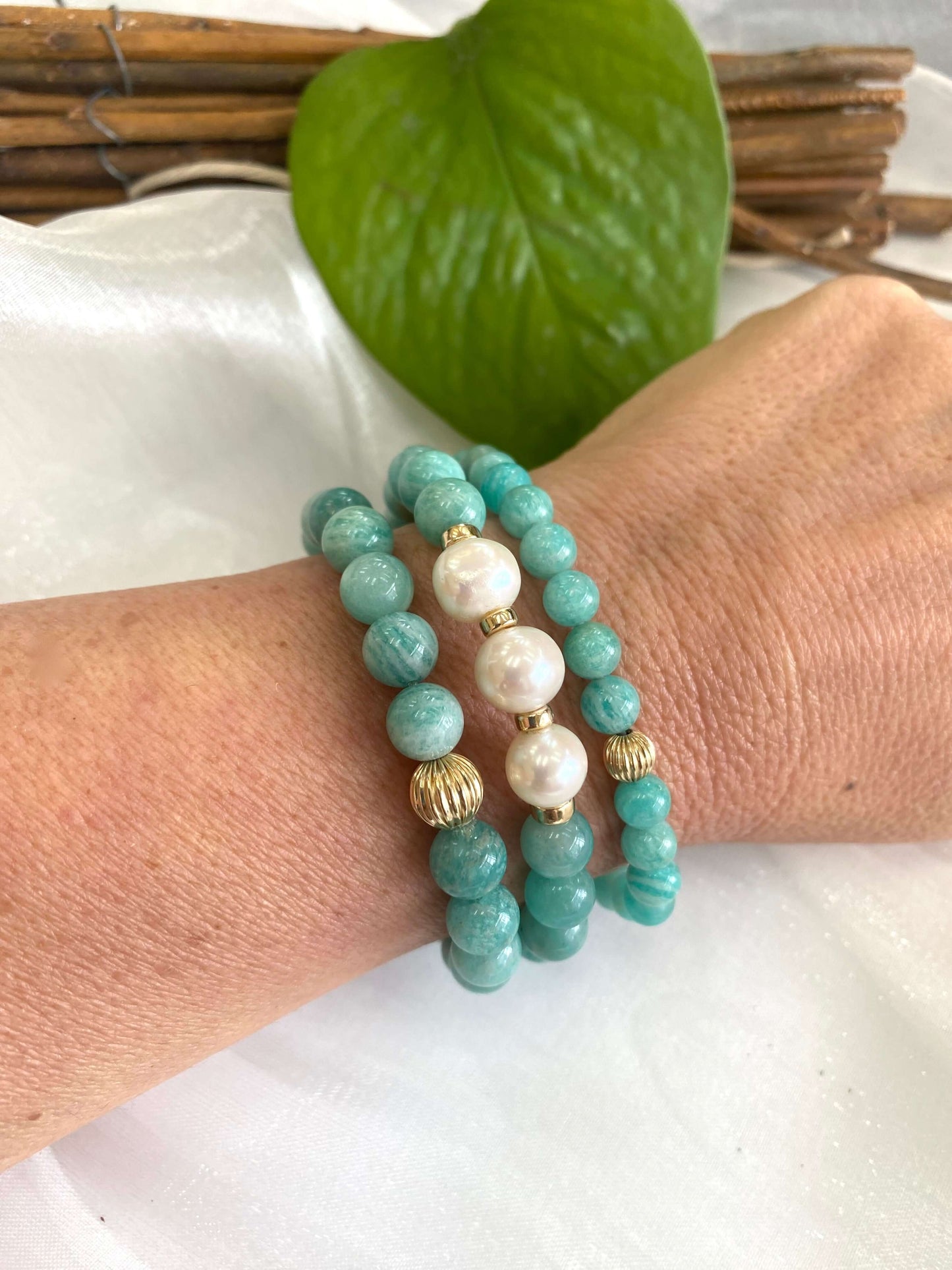 Green Amazonite Stretch Bracelet featuring 6mm and 8mm beads with pearls and gold accents.