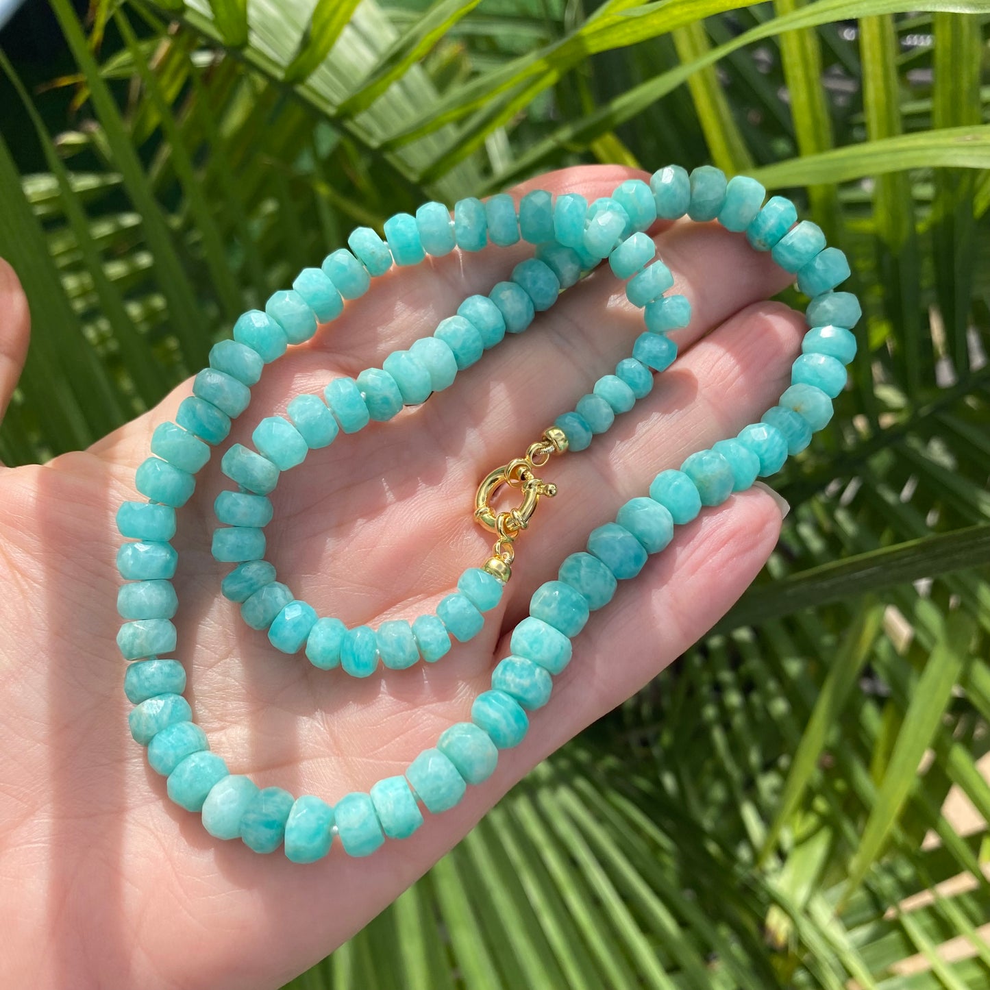 Amazonite candy necklace showing graduated natural amazonite rondelle beads