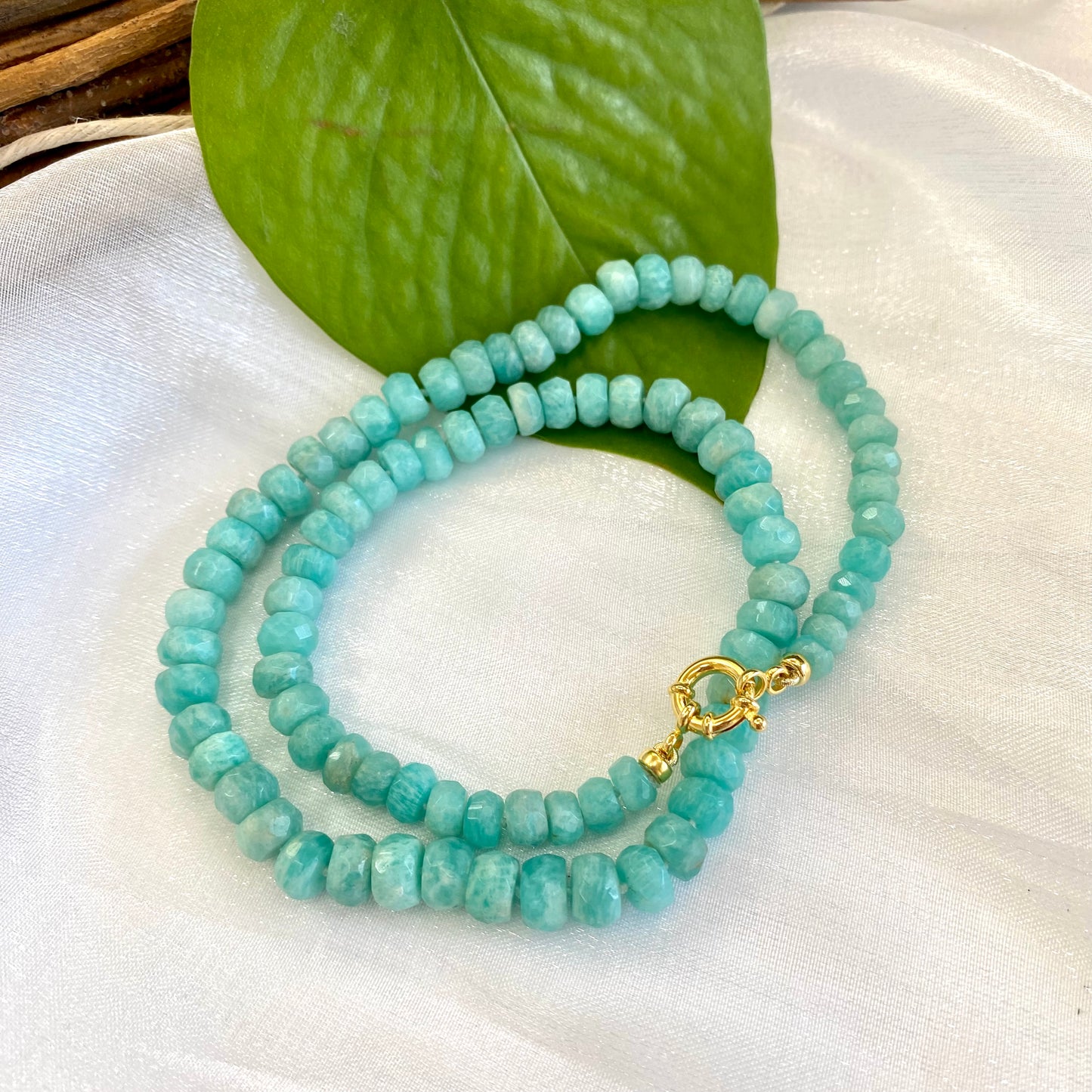 Amazonite candy necklace with graduated bead design and gold marine clasp