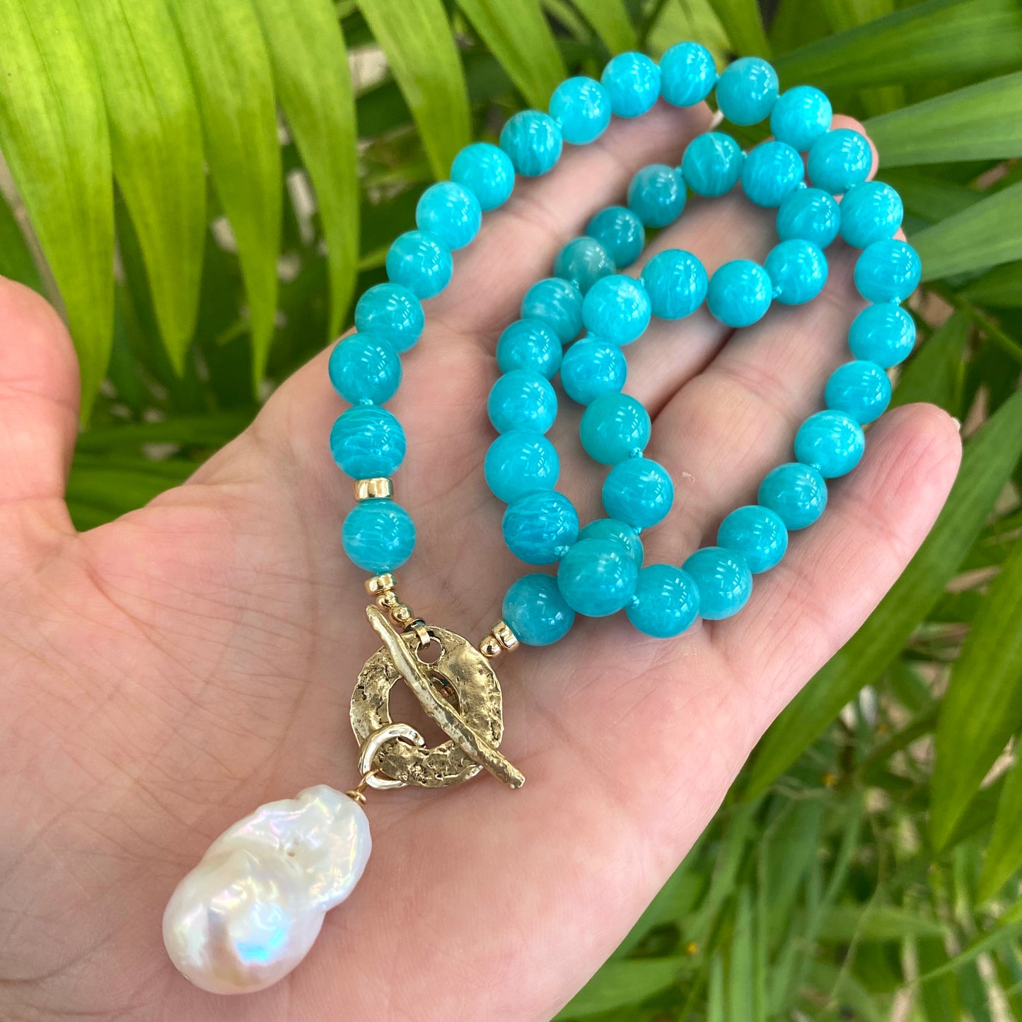 Blue Amazonite & White Baroque Pearl Necklace