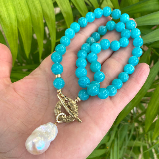 Blue Amazonite & White Baroque Pearl Necklace