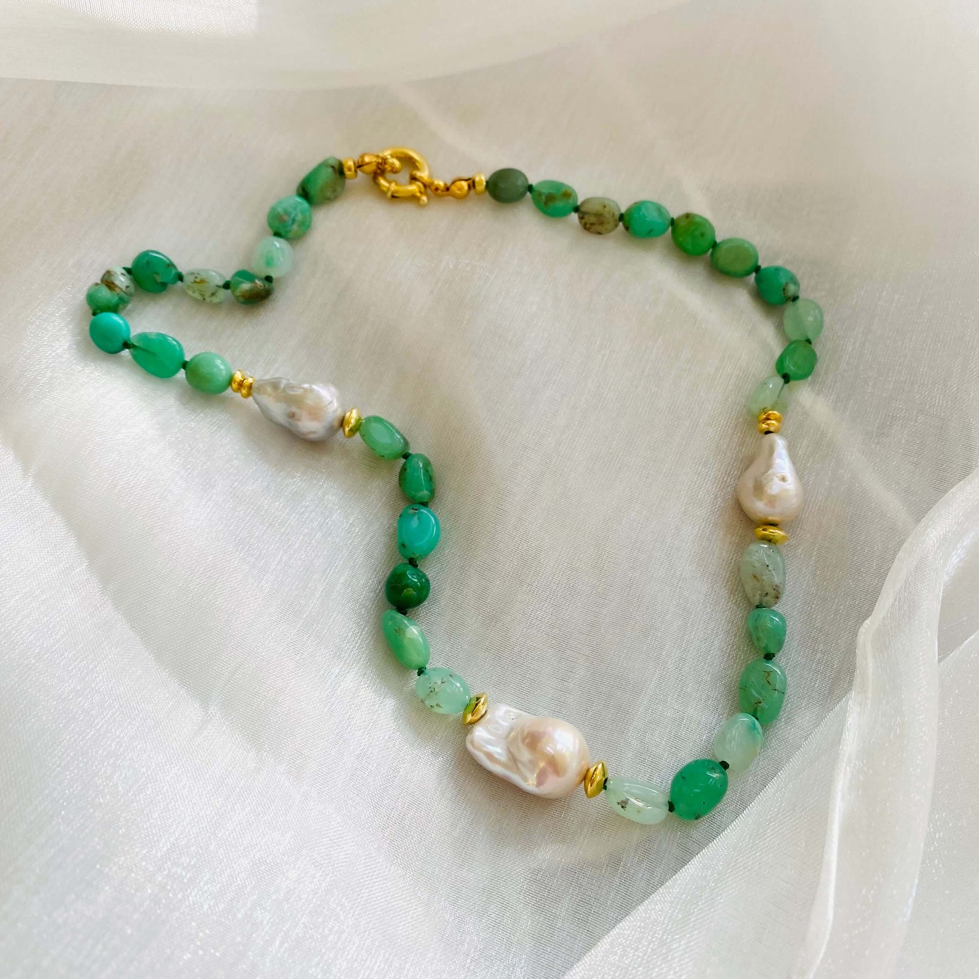 Hand Knotted shaded Apple Green Chrysoprase nugget beads & 3 Baroque Pearls Necklace,  Gold Vermeil Plated Silver separation beads and marine clasp, 17"inches long