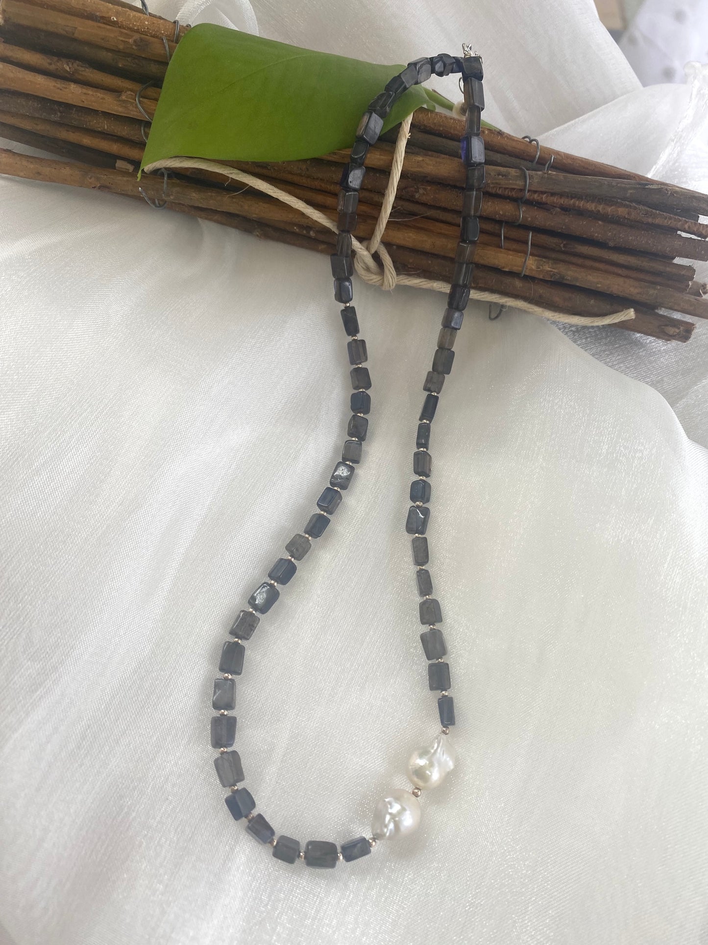 Navy Blue Iolite Beads & Baroque Pearls Necklace