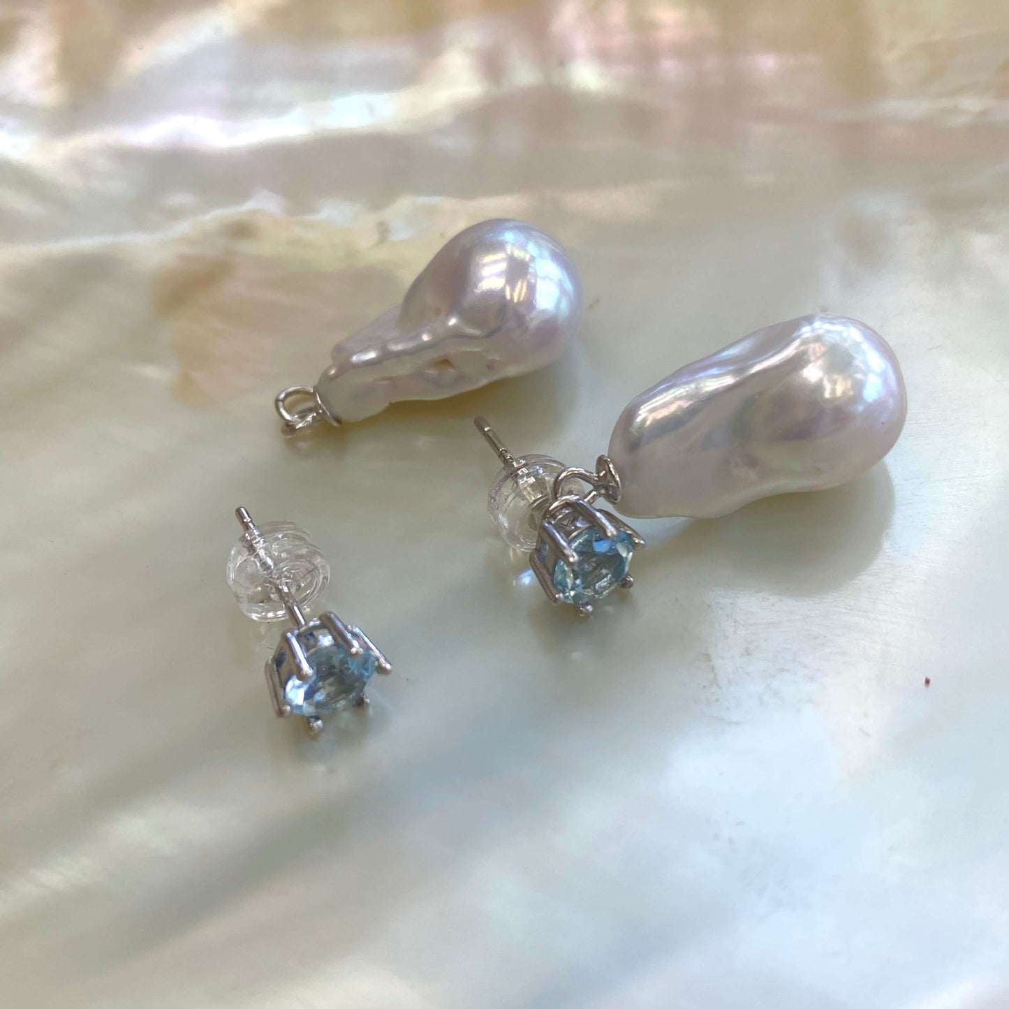 Baroque pearl drop earrings – peridot, amethyst, blue topaz with blue topaz studs and freshwater baroque pearls